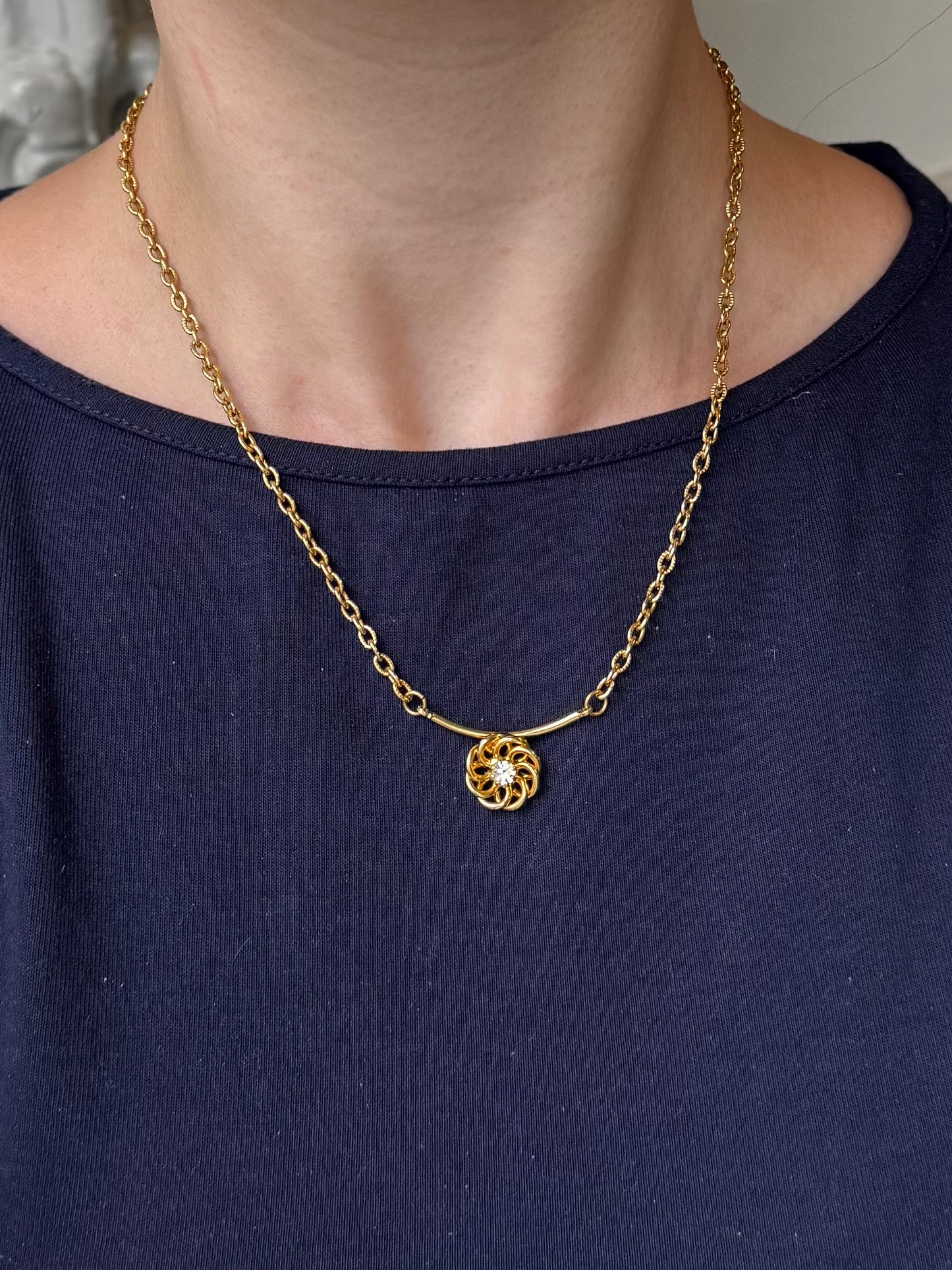 Vintage Rhinestone Flower Gold Bar Necklace