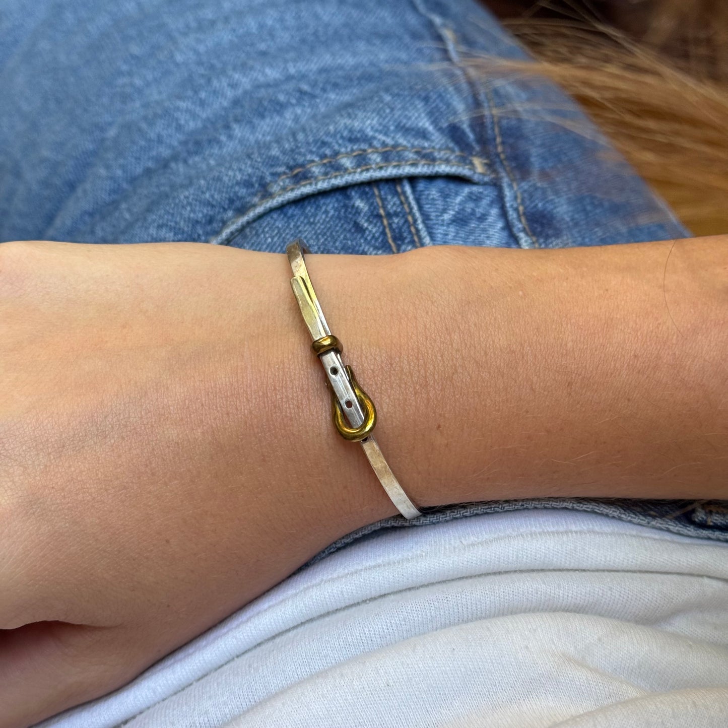 Vintage 925 Sterling and Brass Silver Belt Buckle Bangle Bracelet