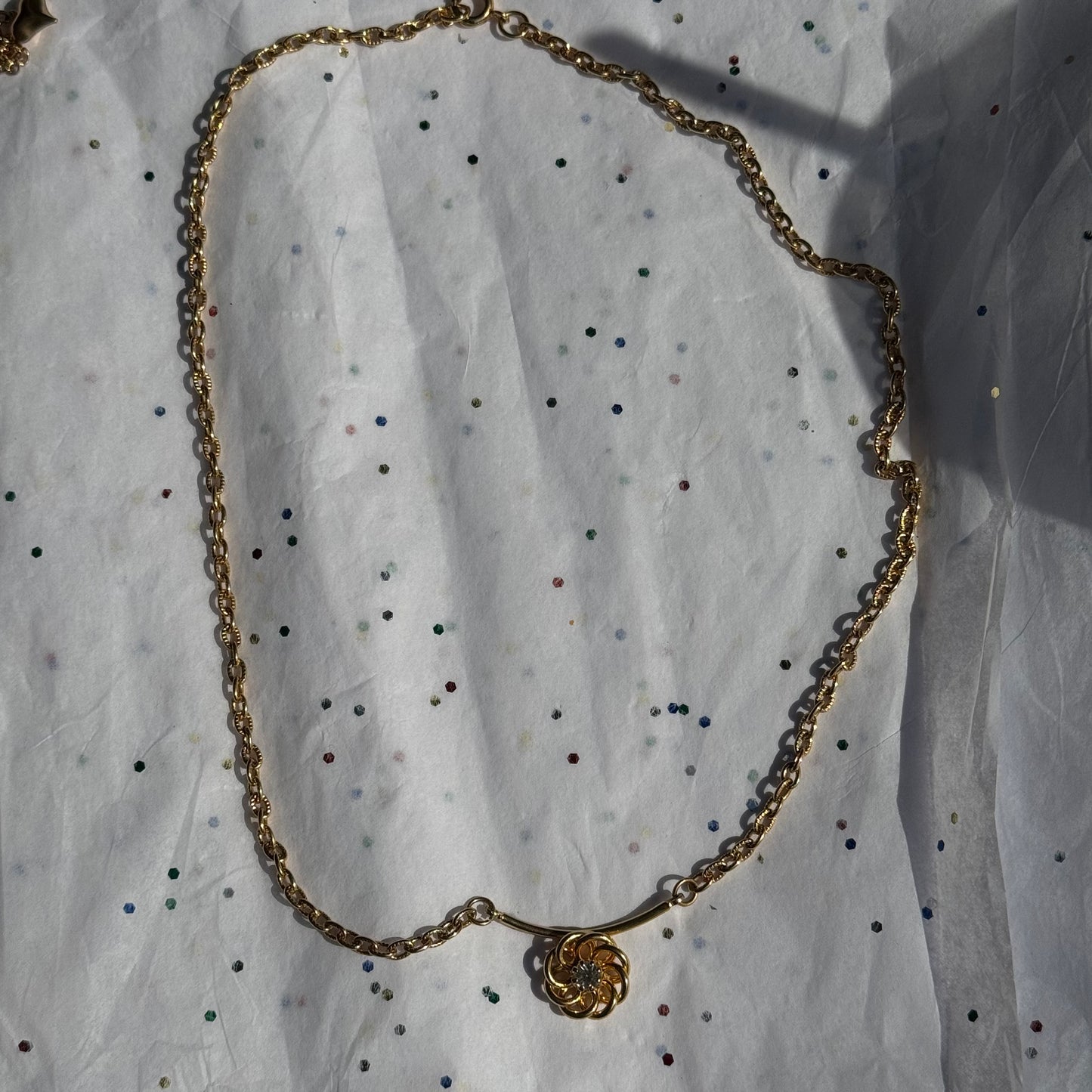 Vintage Rhinestone Flower Gold Bar Necklace