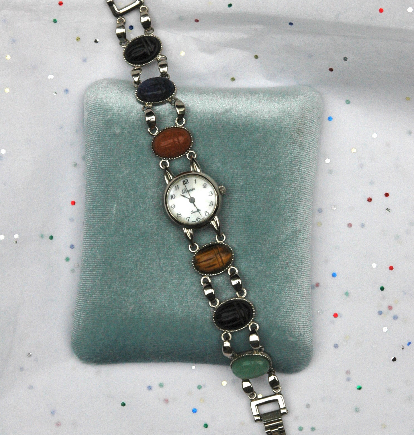 Vintage Silver Multicolored Scarab Watch