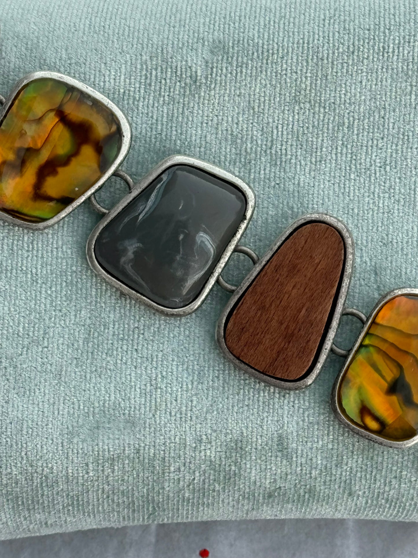 Vintage Silver Tone Abalone Shell, Stone, & Wood Bracelet