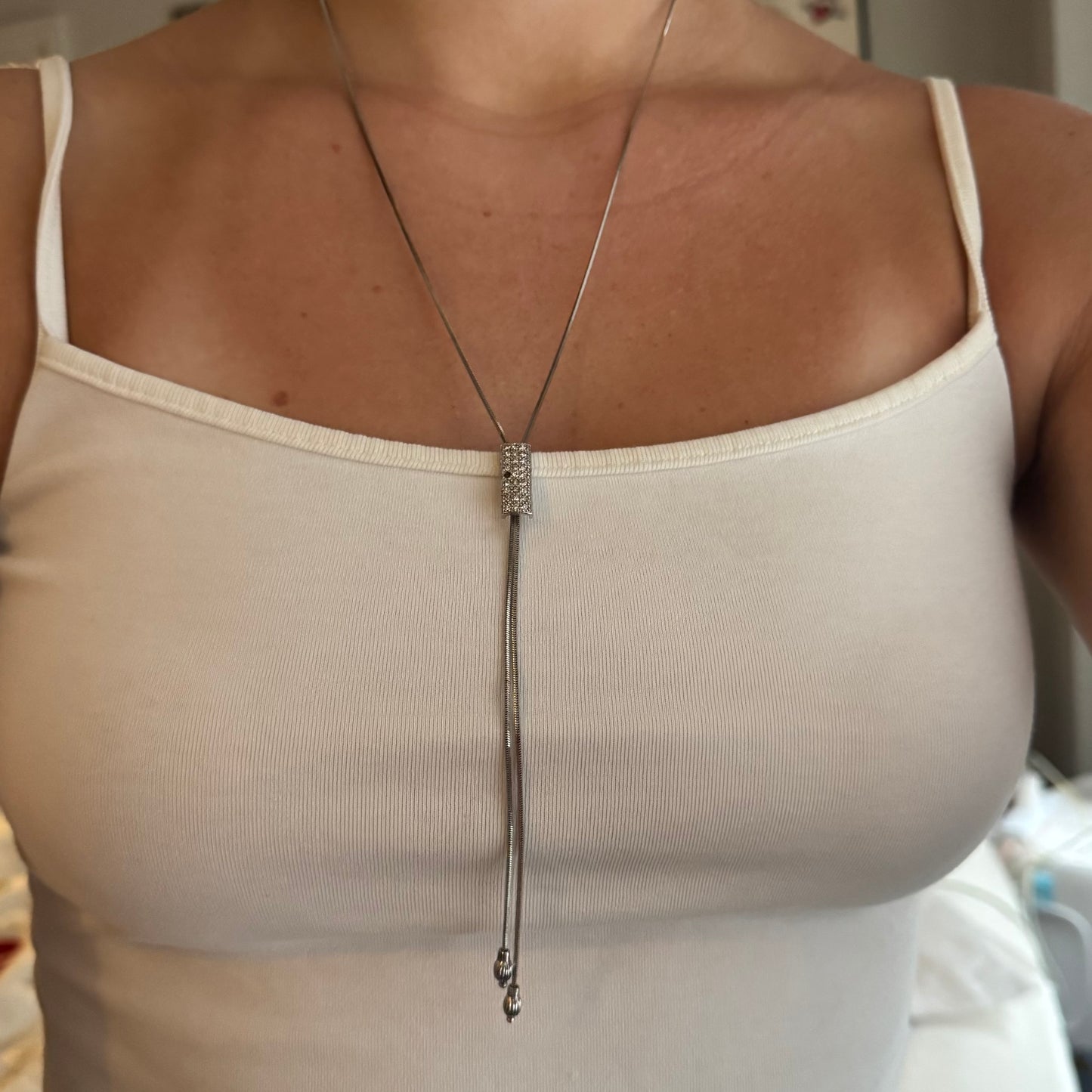 Vintage Silver Rhinestone Lariat Necklace
