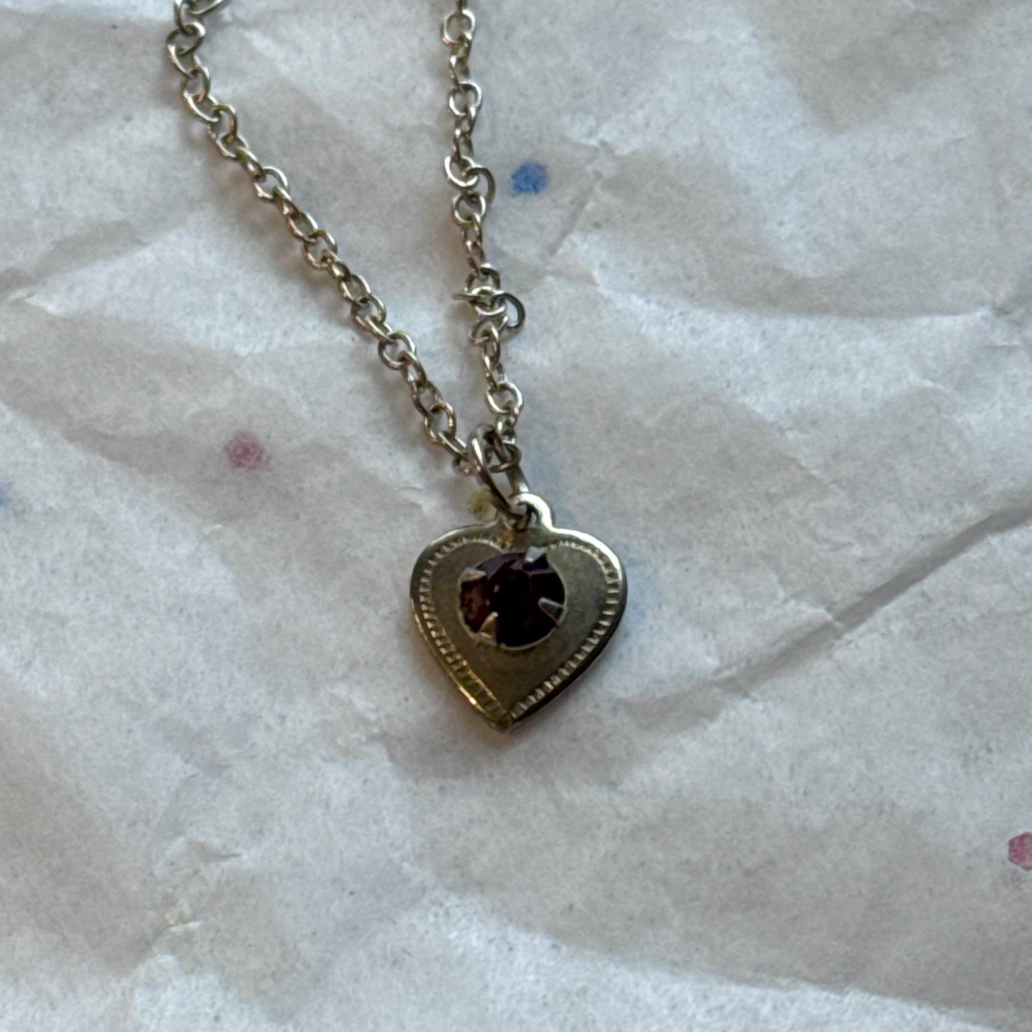 Vintage Silver Heart Pendant Necklace with Red Rhinestone