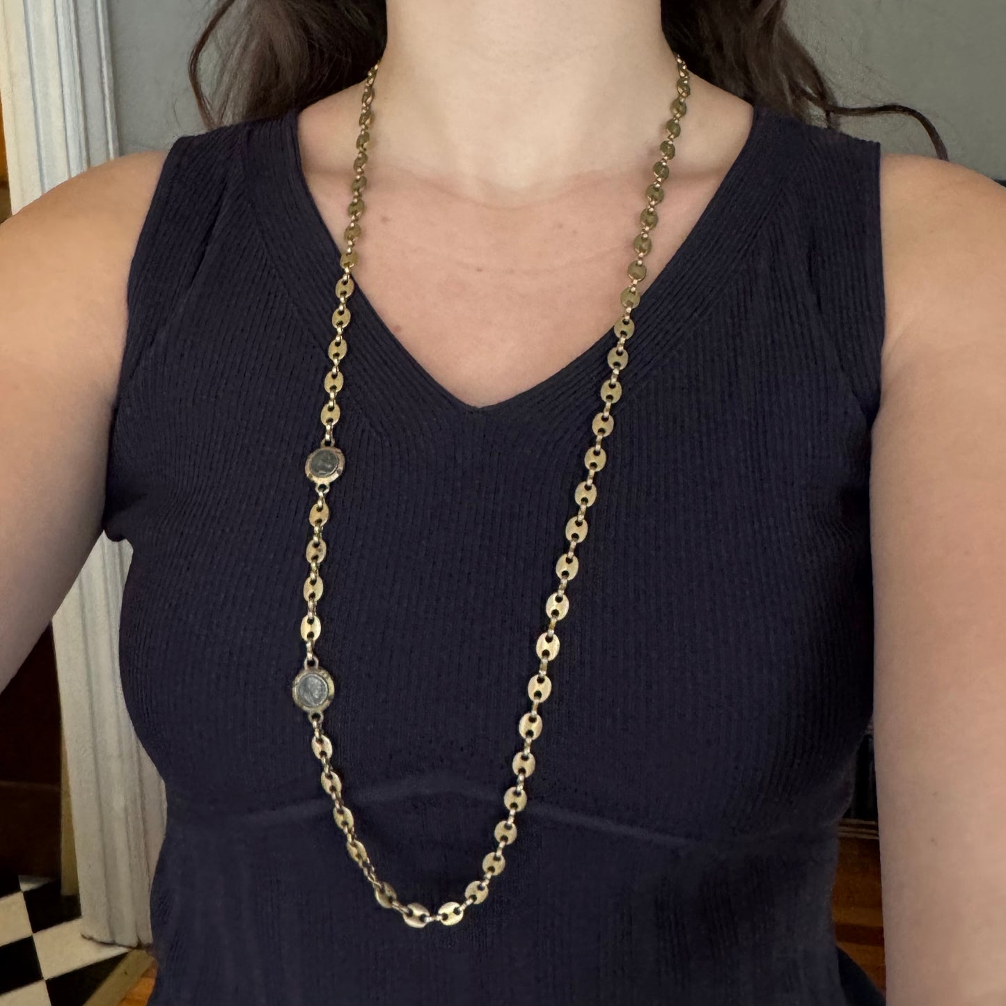 Vintage Long Gold Puffy Mariner Coin Necklace