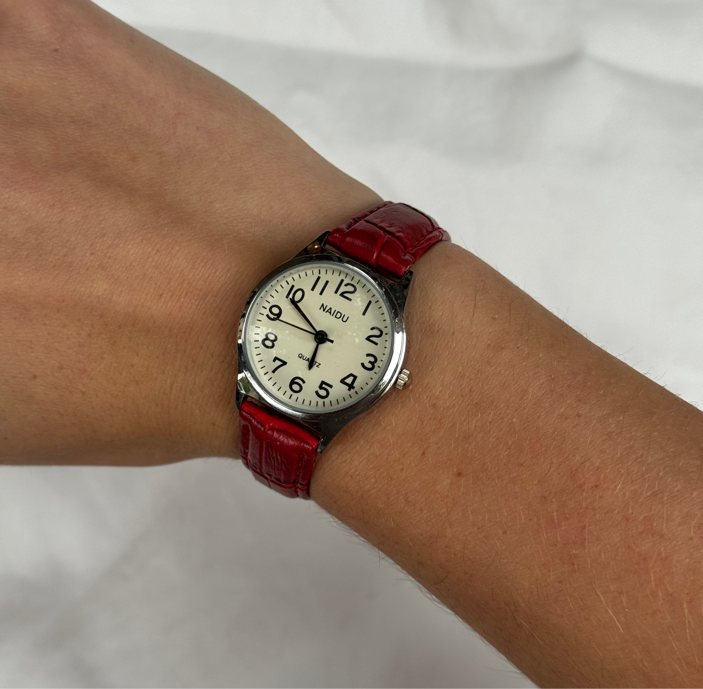 Vintage Silver Watch with Red Vegan Leather Band