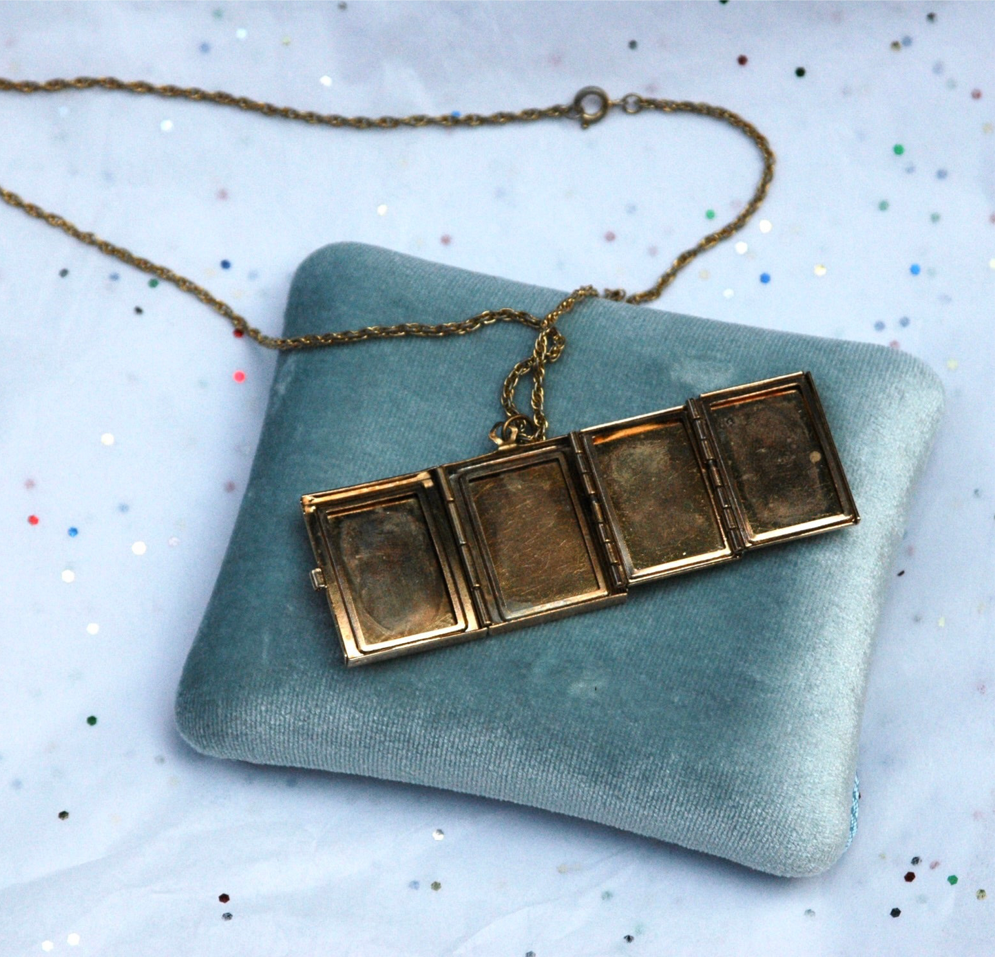 Vintage Gold Tone 4 Photo Square Locket Necklace