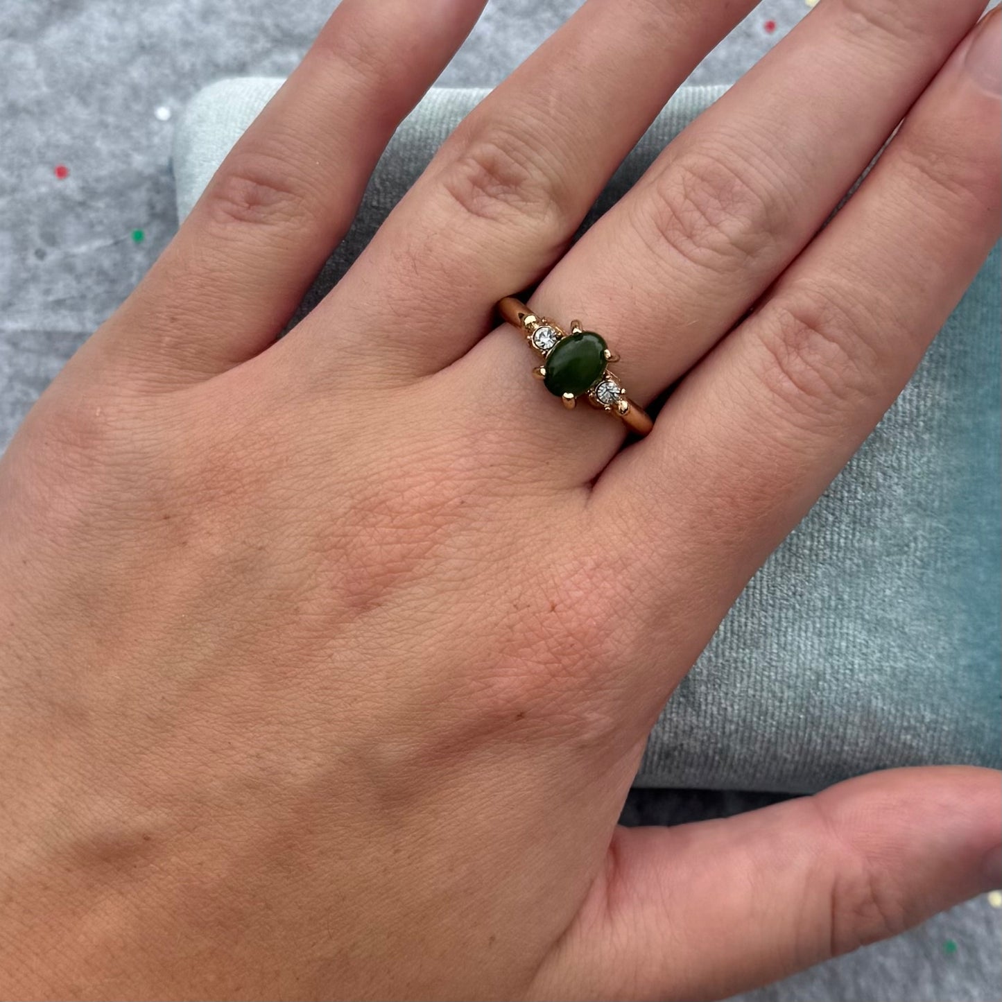 Vintage Jade & Rhinestone Gold Tone Avon Ring