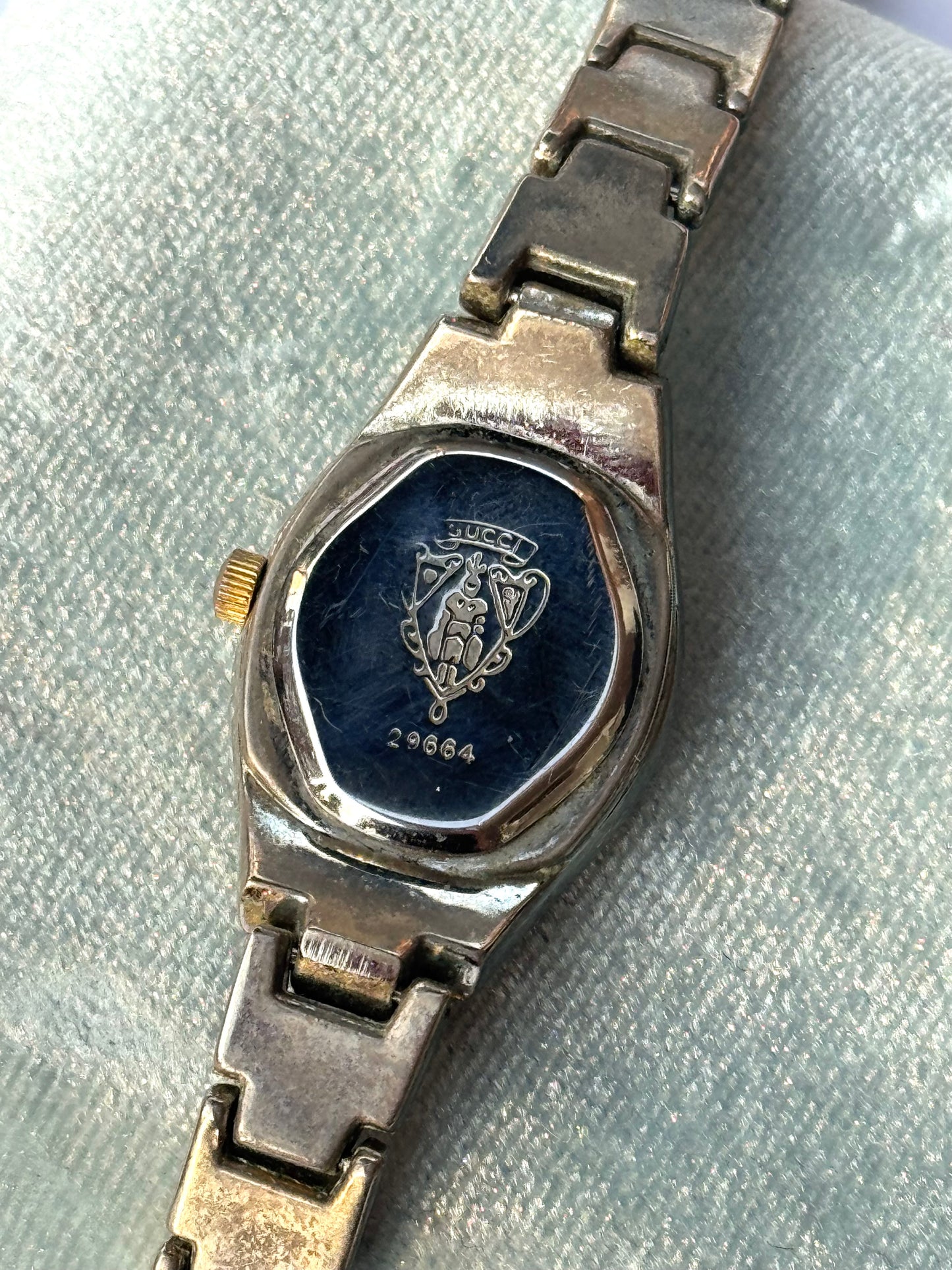 Vintage Gucci Silver and Gold Bubble Watch with Teal Face