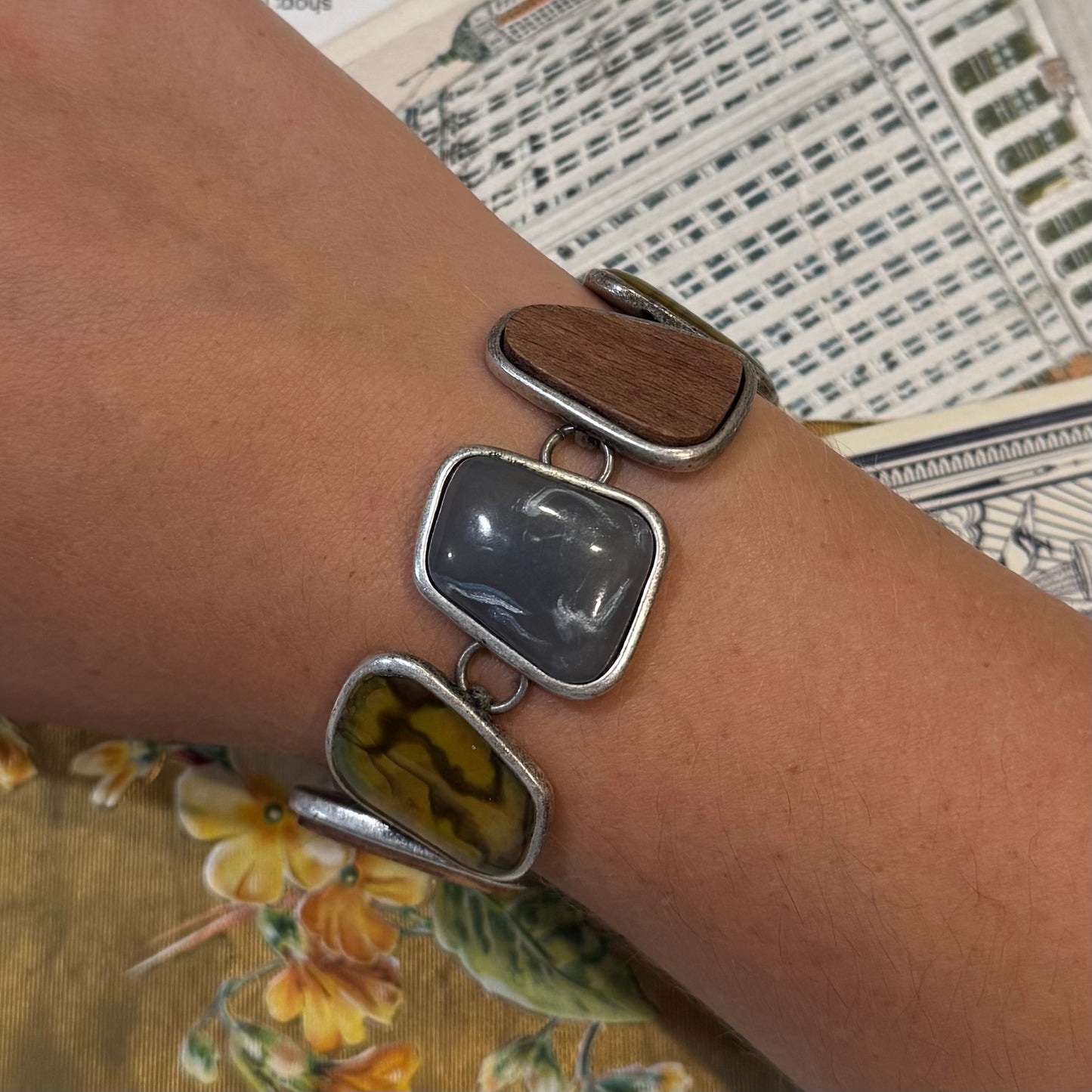 Vintage Silver Tone Abalone Shell, Stone, & Wood Bracelet