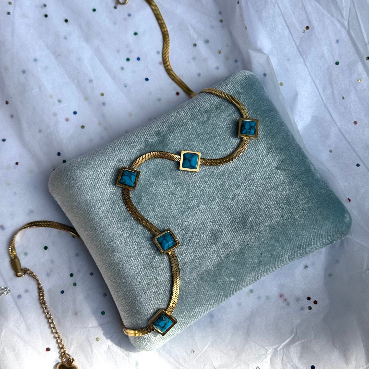 Gold Bezel Turquoise Square Herringbone Chain Necklace