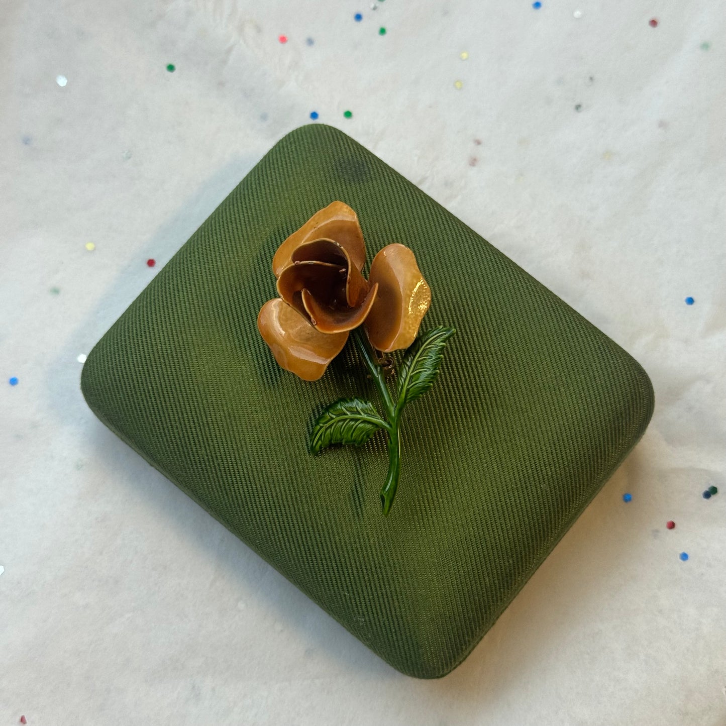 Vintage Gold Enamel Yellow Rose Brooch