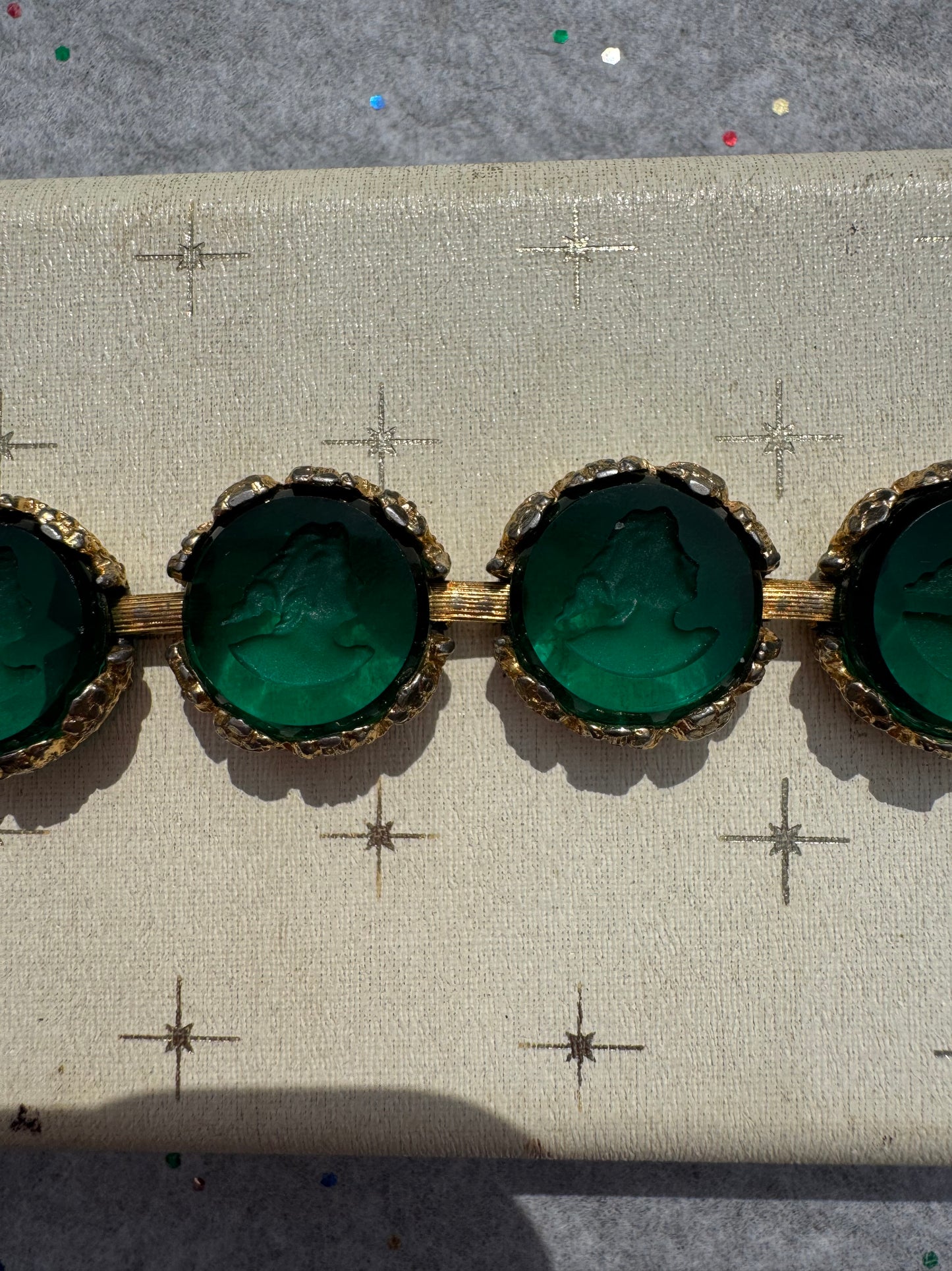 Vintage Gold Tone Engraved Cameo Green Bracelet