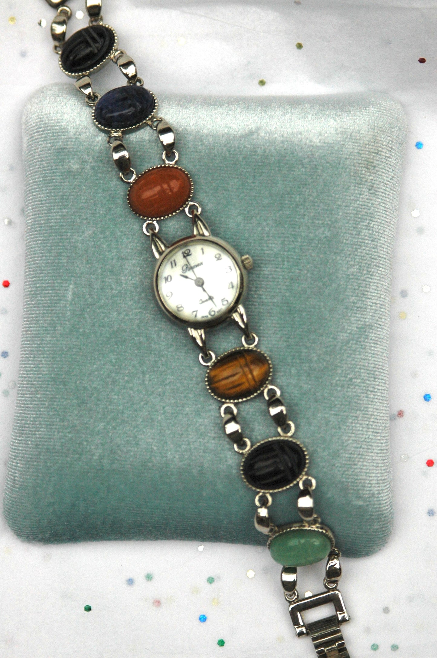 Vintage Silver Multicolored Scarab Watch