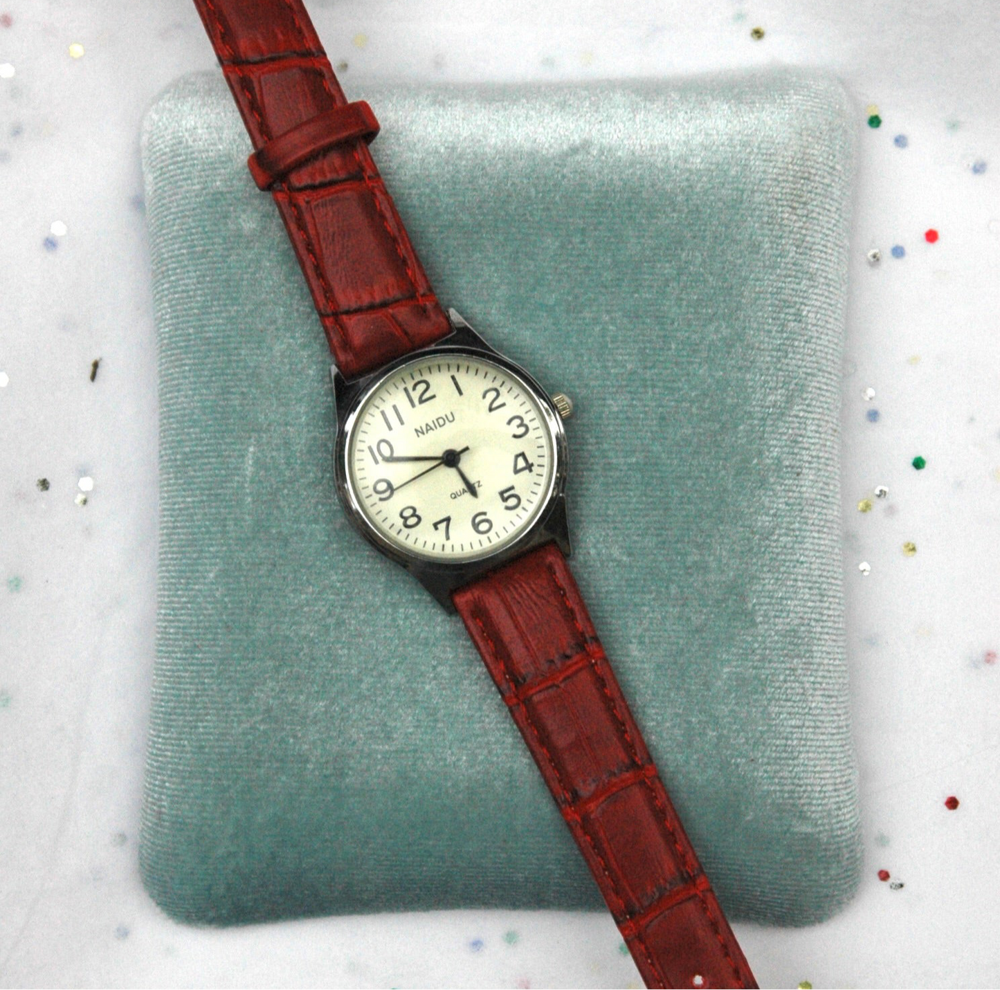 Vintage Silver Watch with Red Vegan Leather Band