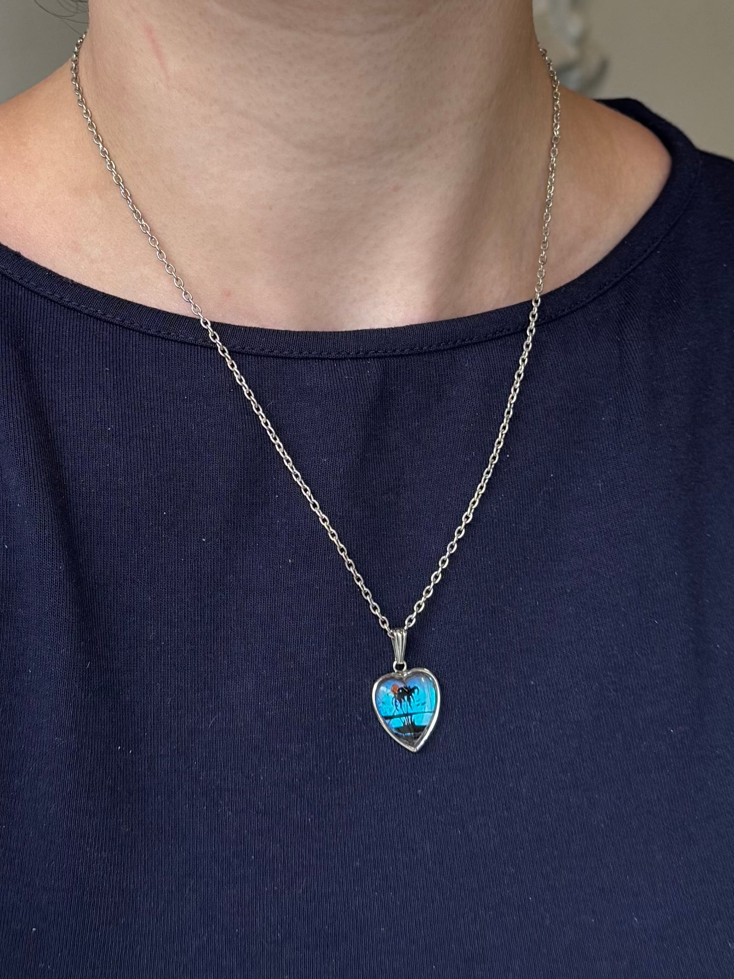 Vintage Sterling Silver Iridescent Palm Tree Heart Pendant Necklace