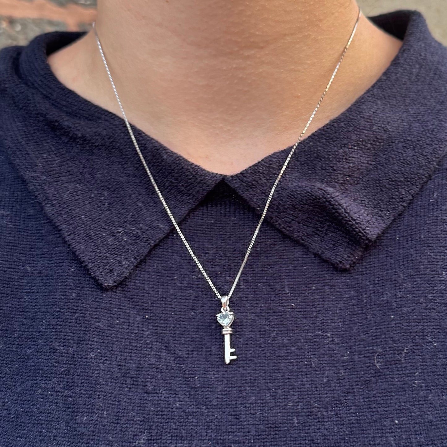 Vintage 925 Sterling Silver Rhinestone Heart Key Pendant Necklace