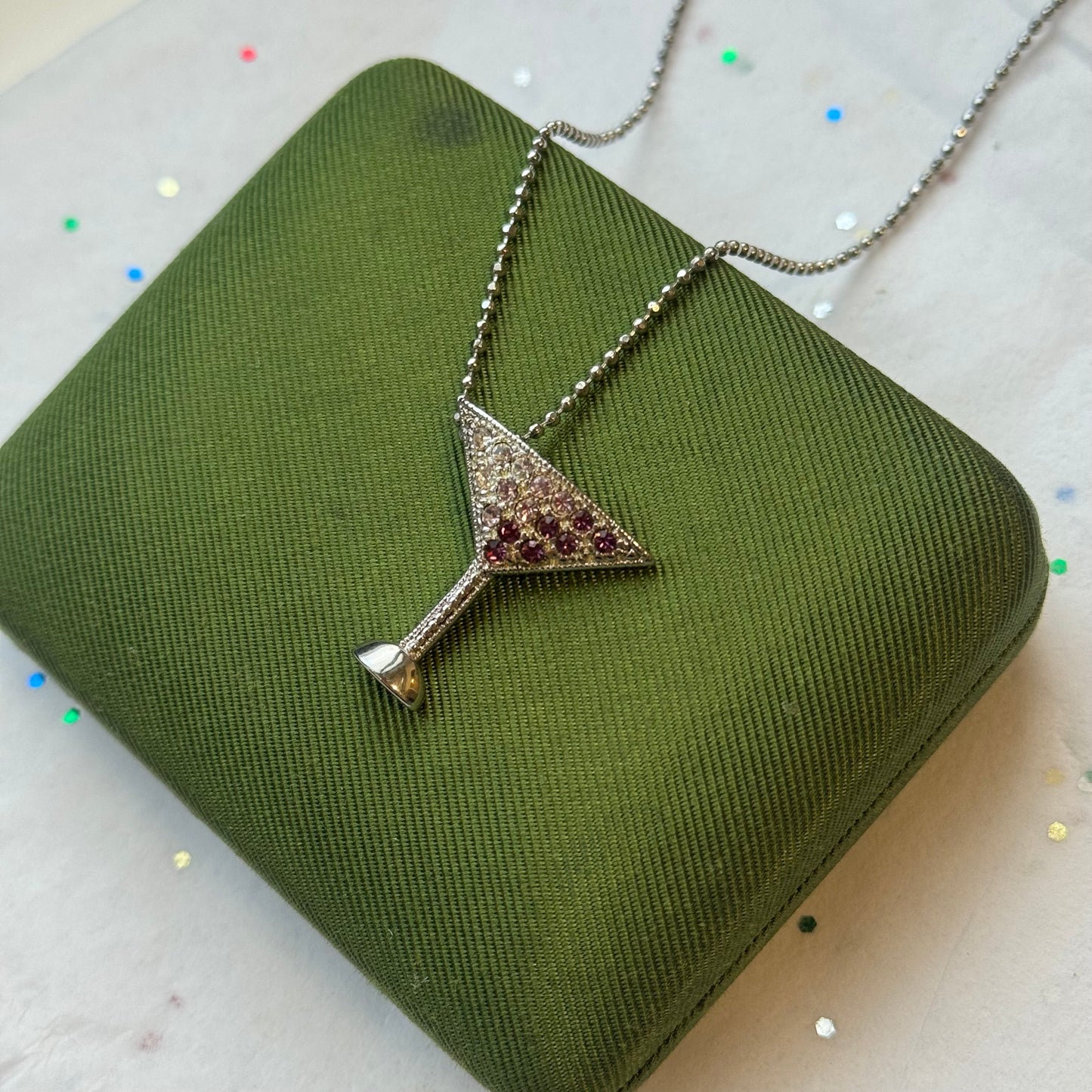 Vintage Martini Rhinestone Silver Pendant Necklace