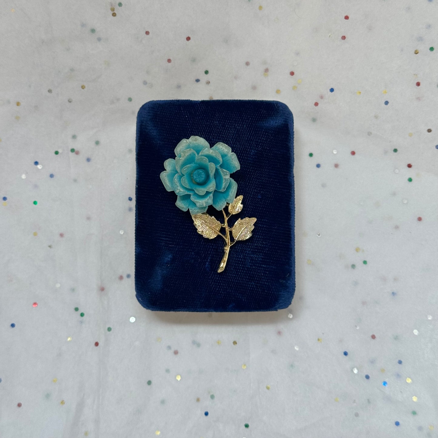 Vintage Gold Blue Rose Brooch