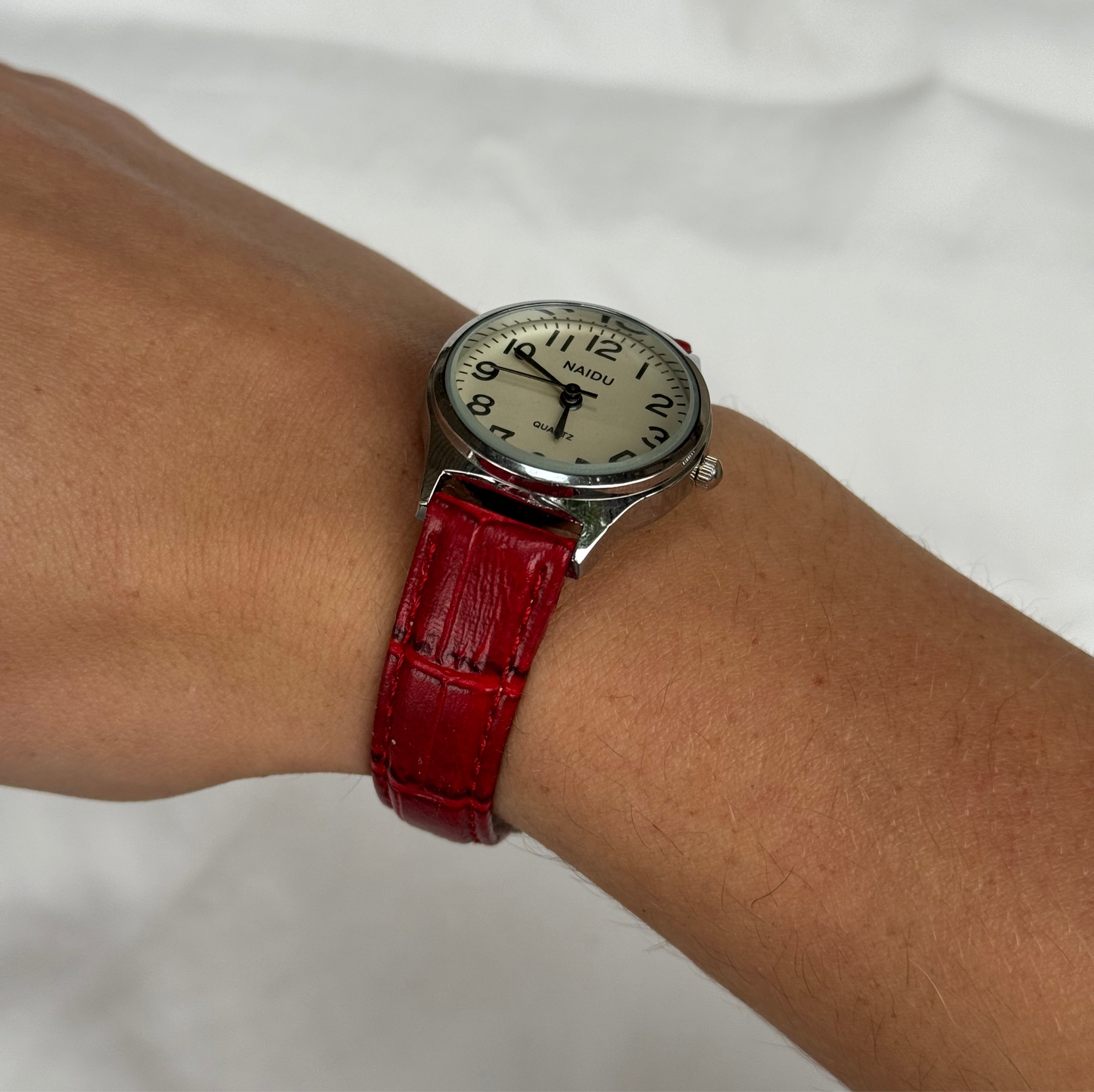 Vintage Silver Watch with Red Vegan Leather Band