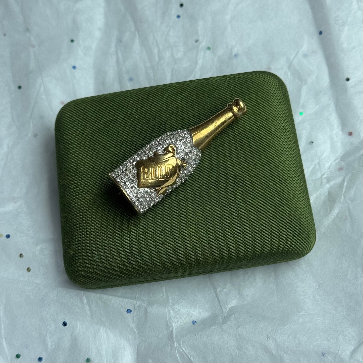 Vintage Rhinestone 2000 Champagne Bottle Brooch