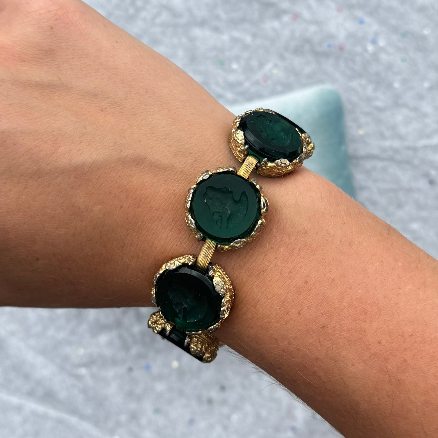 Vintage Gold Tone Engraved Cameo Green Bracelet