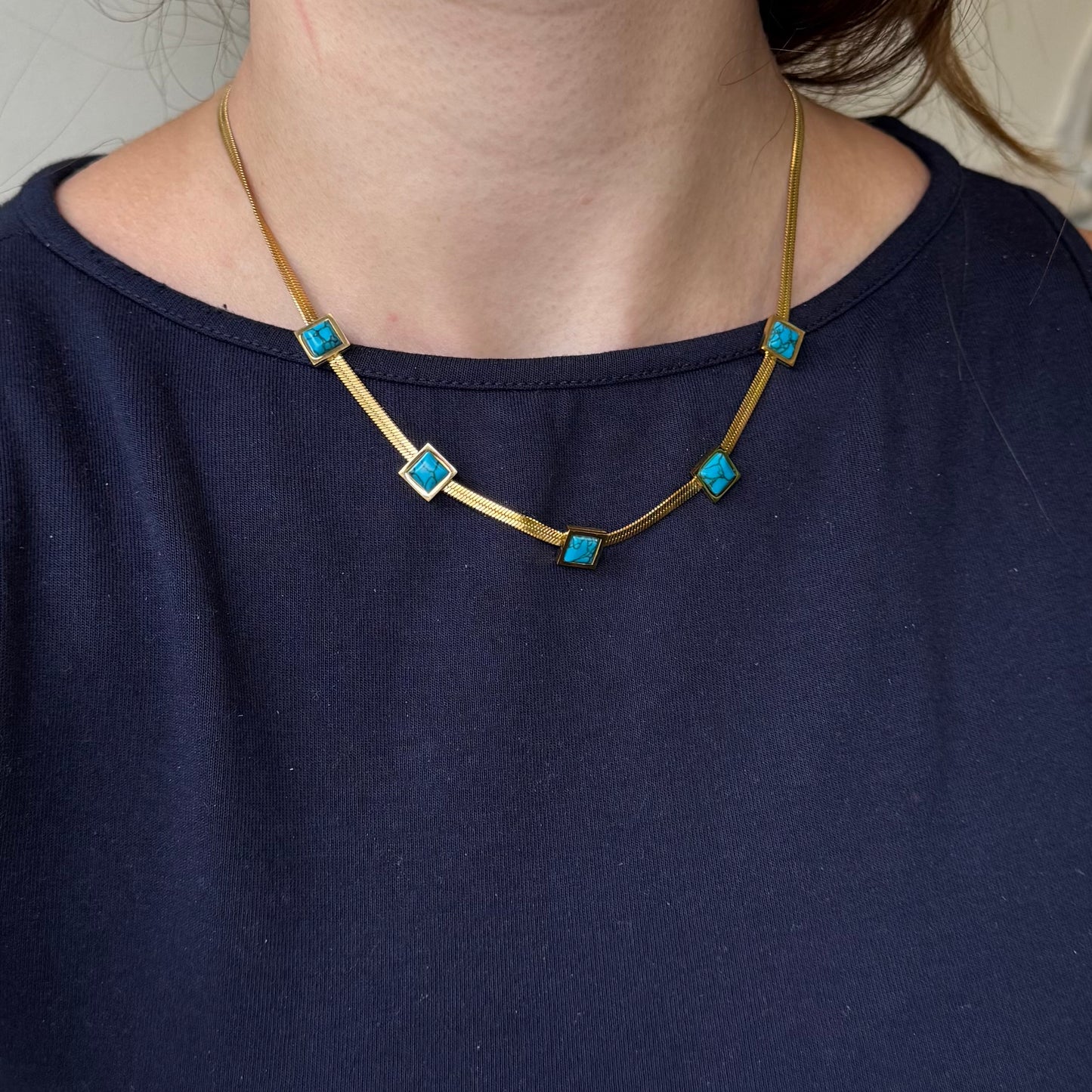 Gold Bezel Turquoise Square Herringbone Chain Necklace