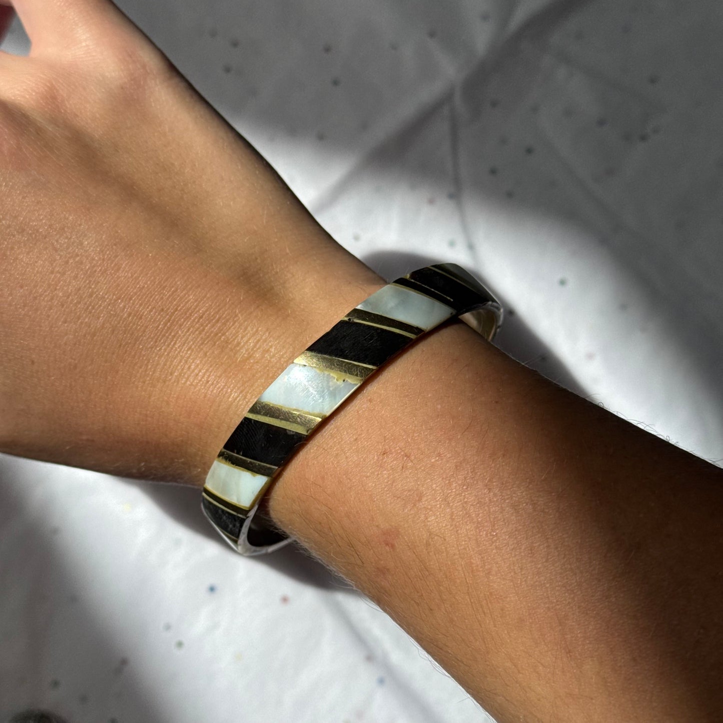 Vintage Mother of Pearl & Black Brass Bangle Bracelet