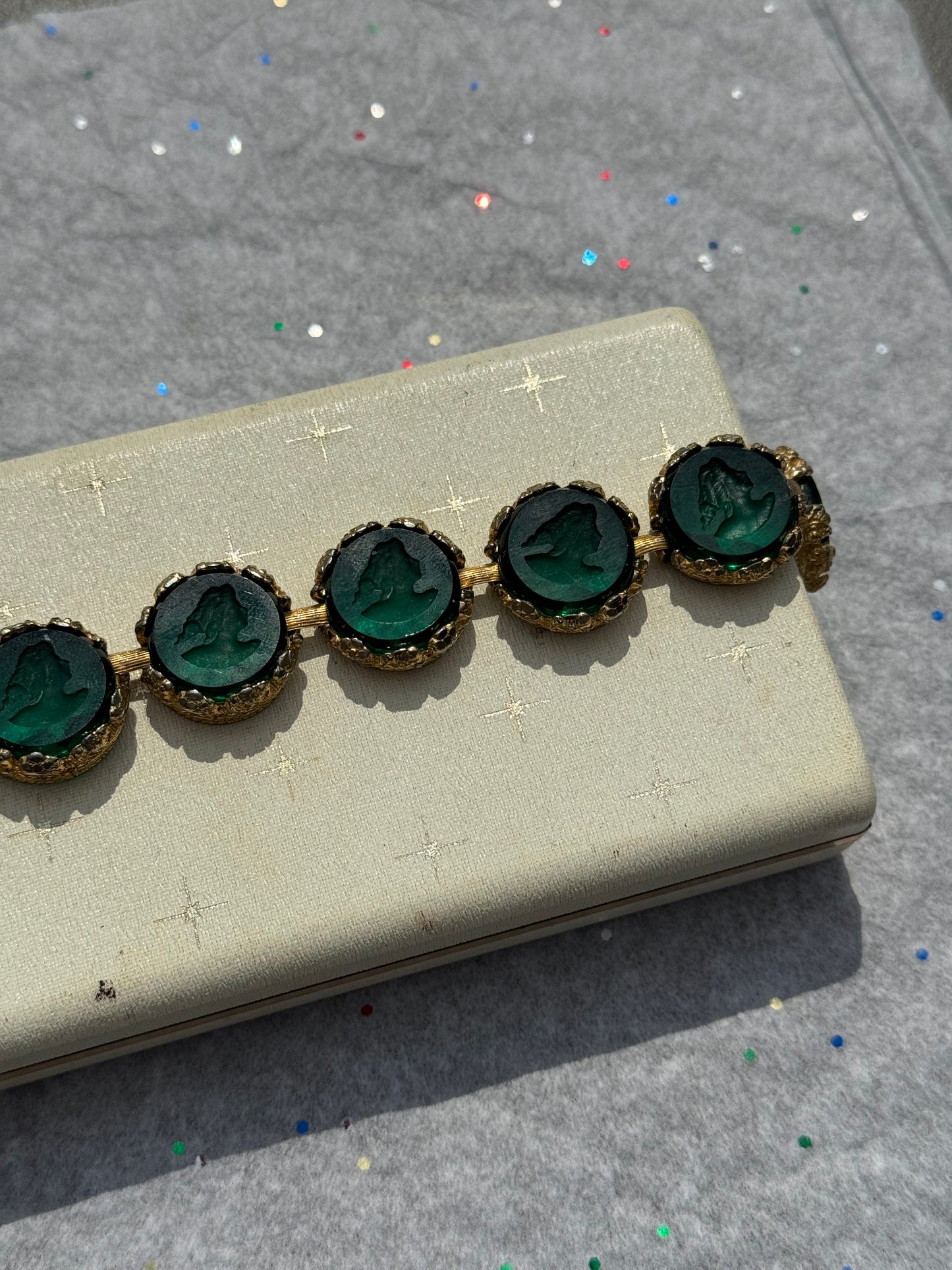 Vintage Gold Tone Engraved Cameo Green Bracelet