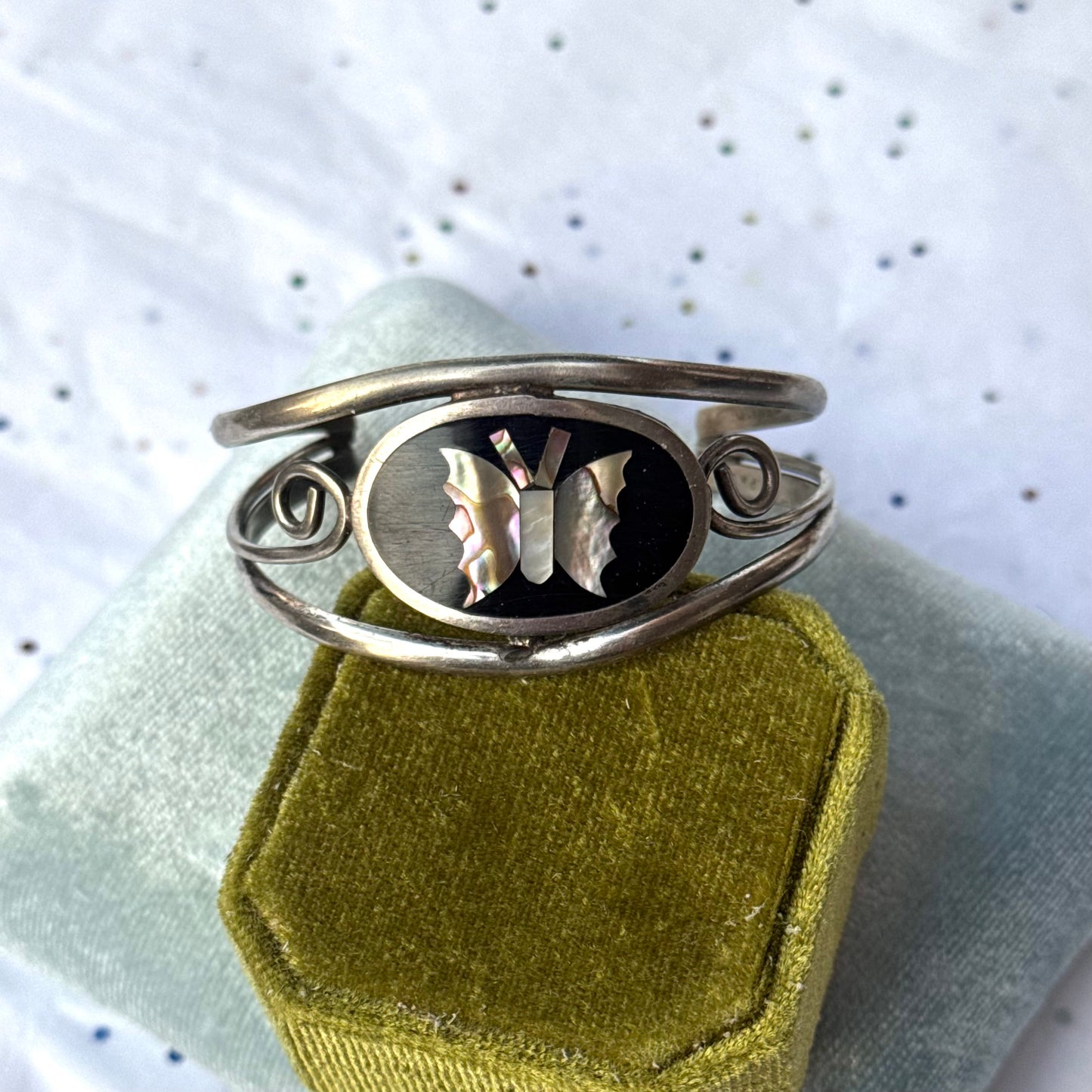 Vintage Black & Mother of Pearl Butterfly Inlay Silver Bracelet