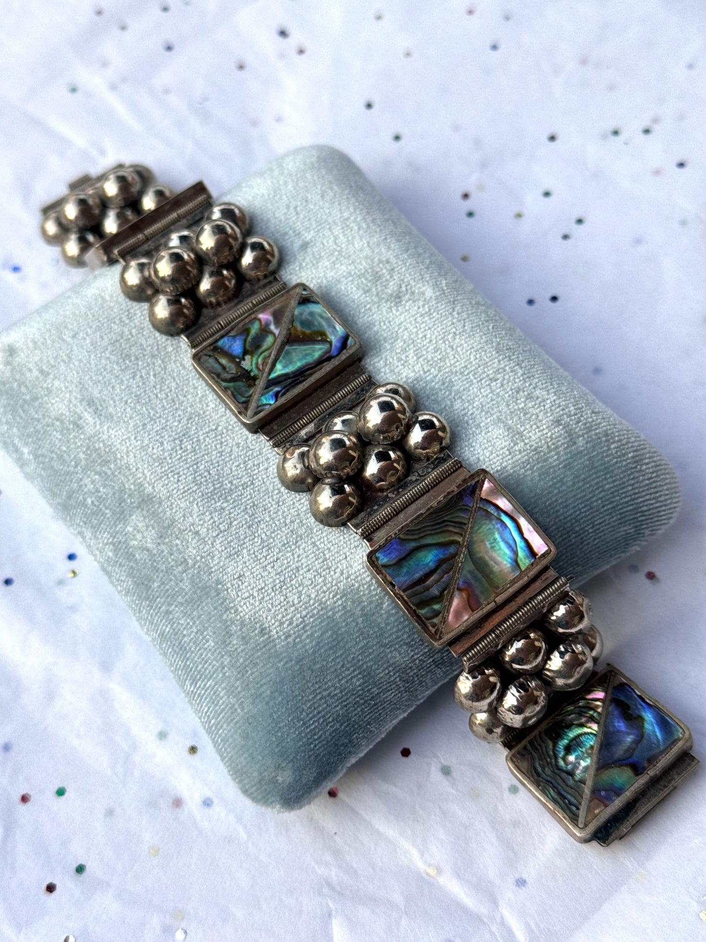 Vintage Silver Abalone Shell Panel Bracelet
