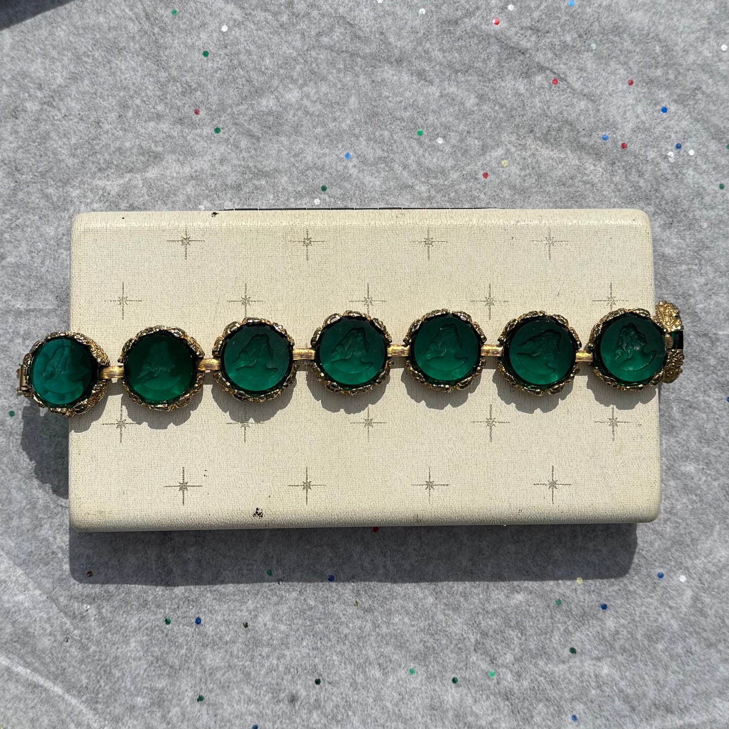 Vintage Gold Tone Engraved Cameo Green Bracelet