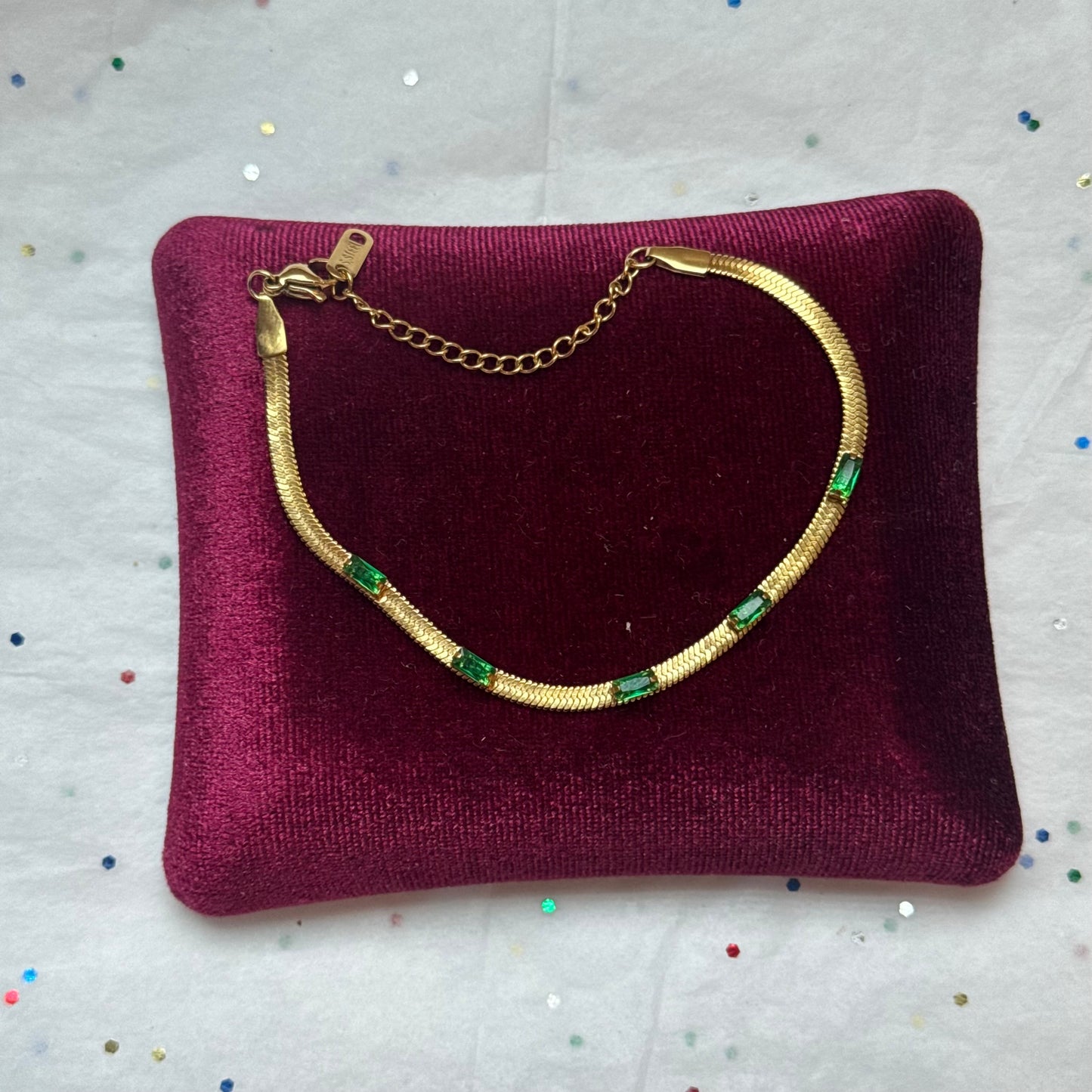 Gold Herringbone Bracelet with Green Rhinestones