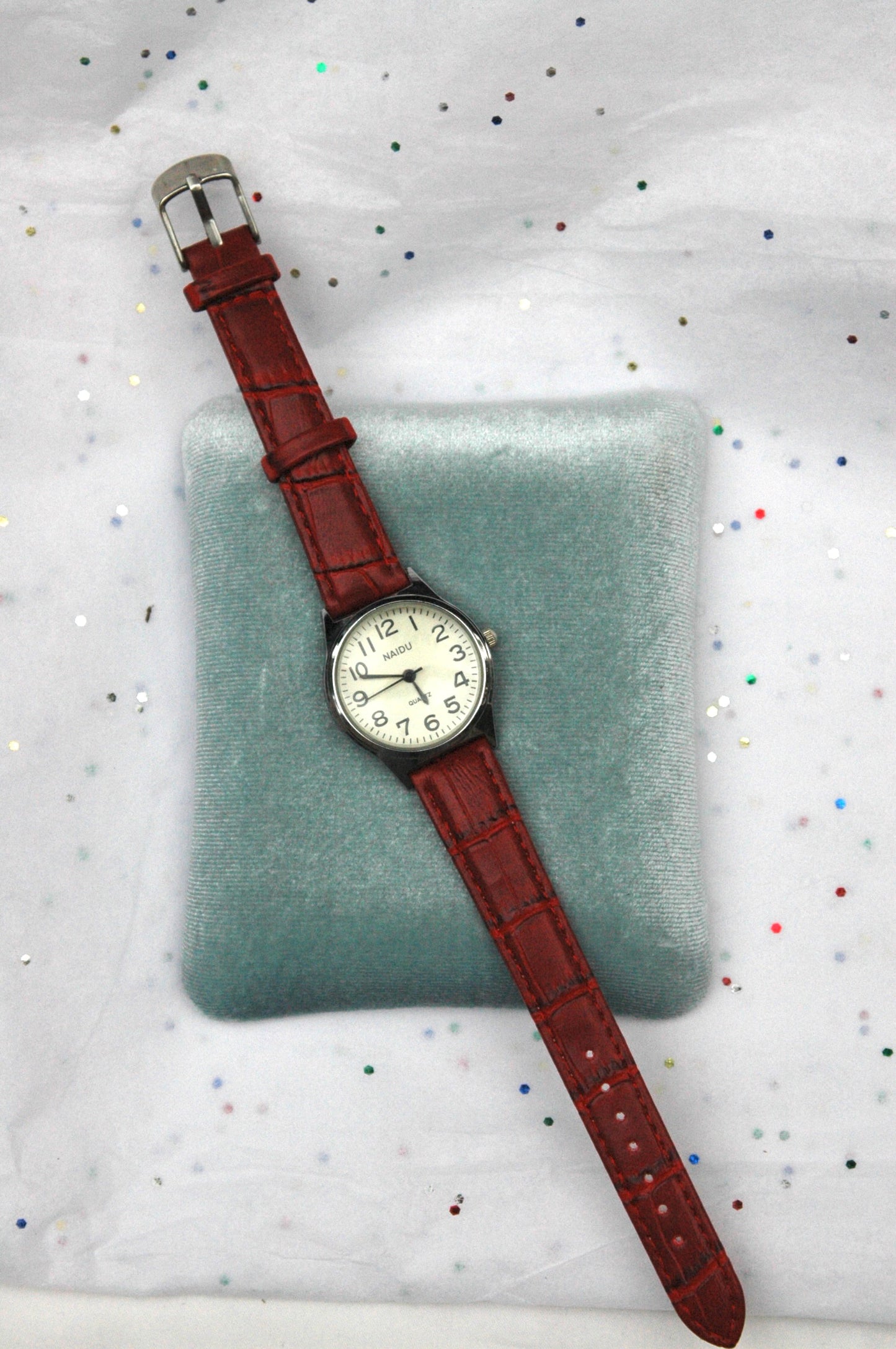 Vintage Silver Watch with Red Vegan Leather Band
