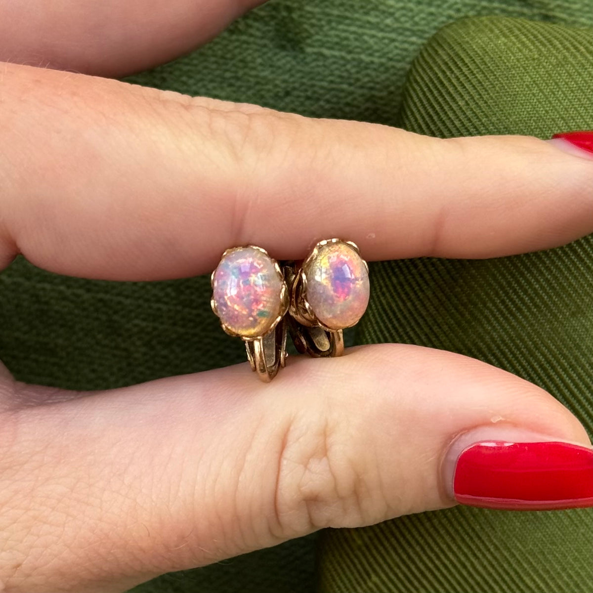 Vintage Opal Gold Clip On Earrings