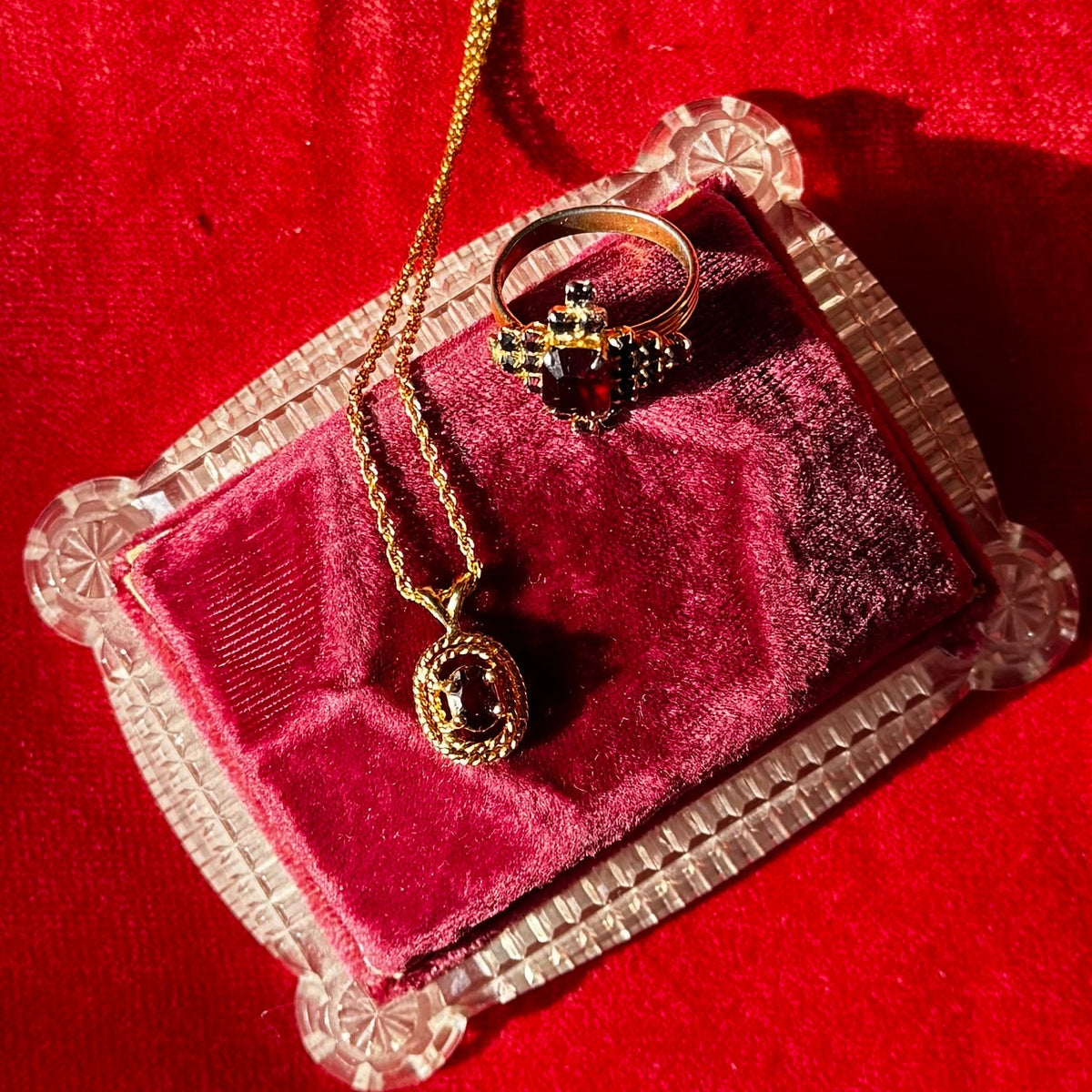 Vintage Gold Red Rhinestone Pendant Necklace