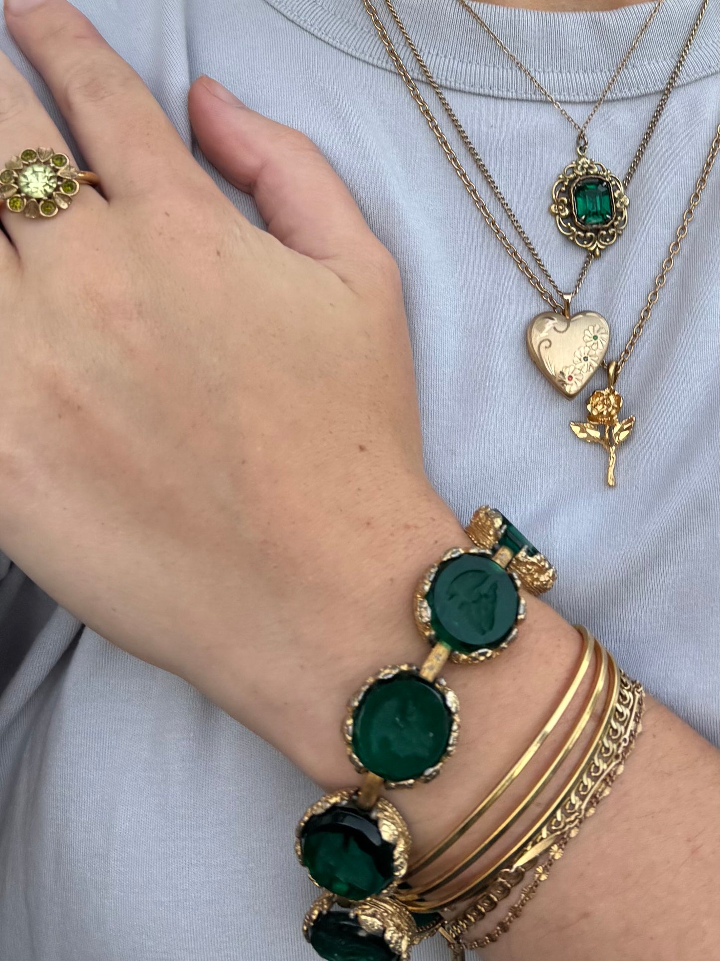 Vintage Gold Tone Engraved Cameo Green Bracelet