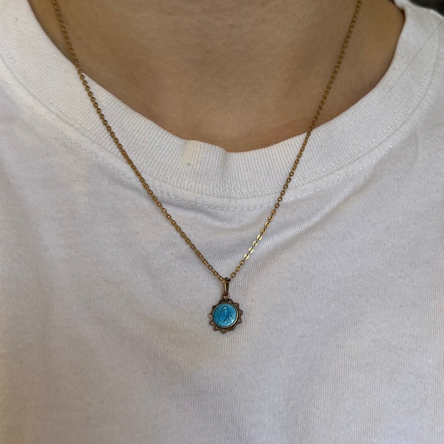 Vintage Gold Teal Enamel Mary Necklace - Sourced in Paris