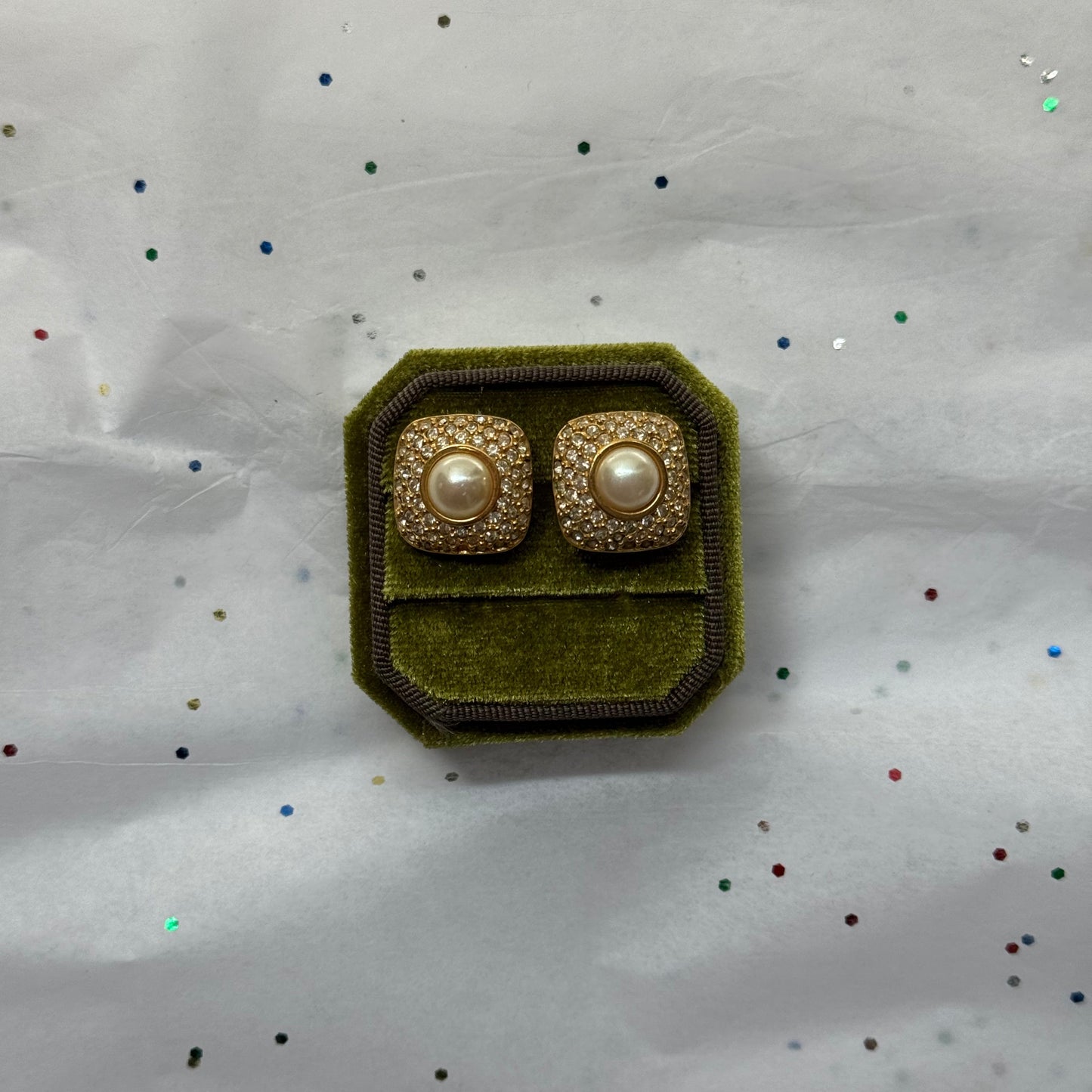 Vintage Napier Gold Tone Faux Pearl & Rhinestone Post Earrings