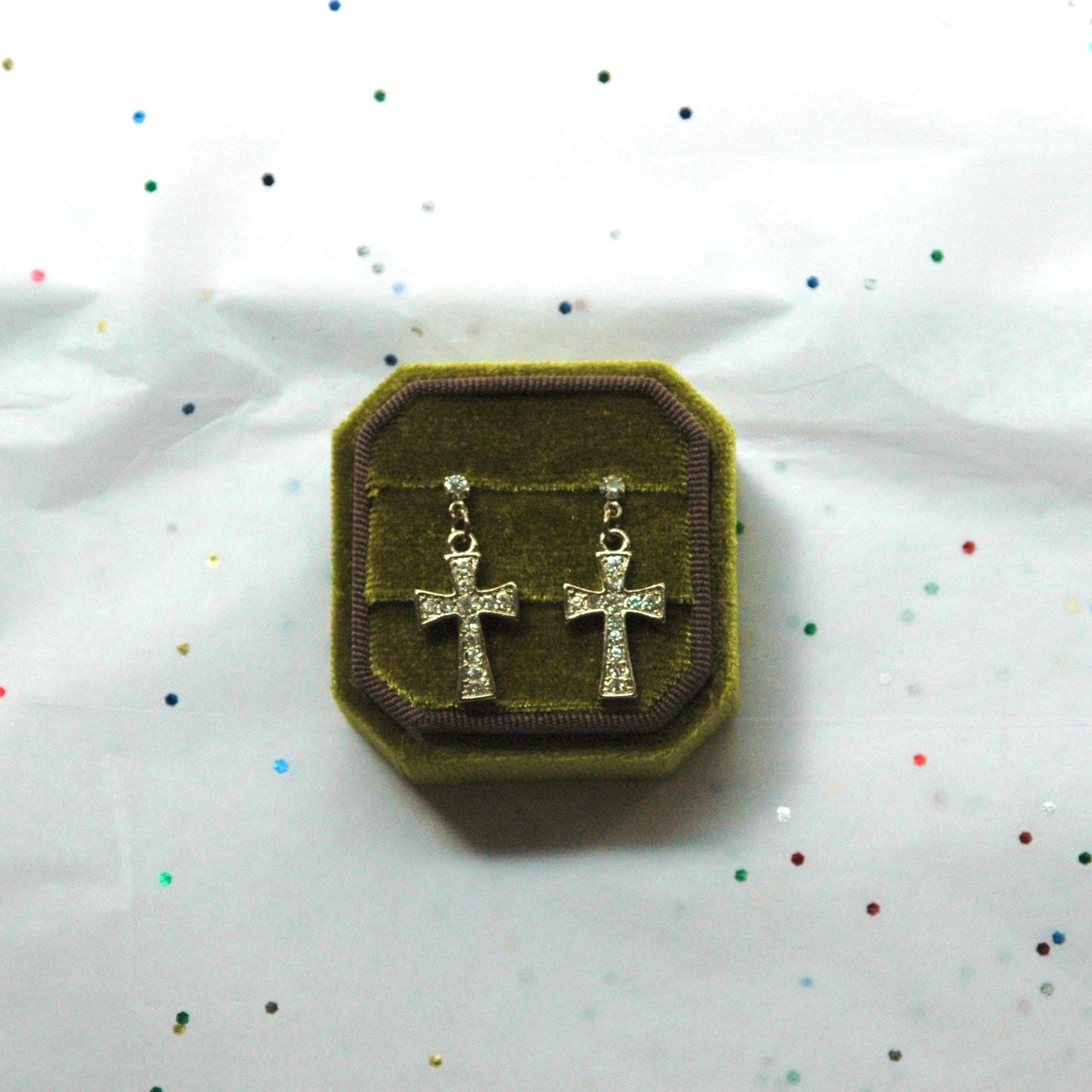 Vintage Silver Tone Rhinestone Cross Post Earrings