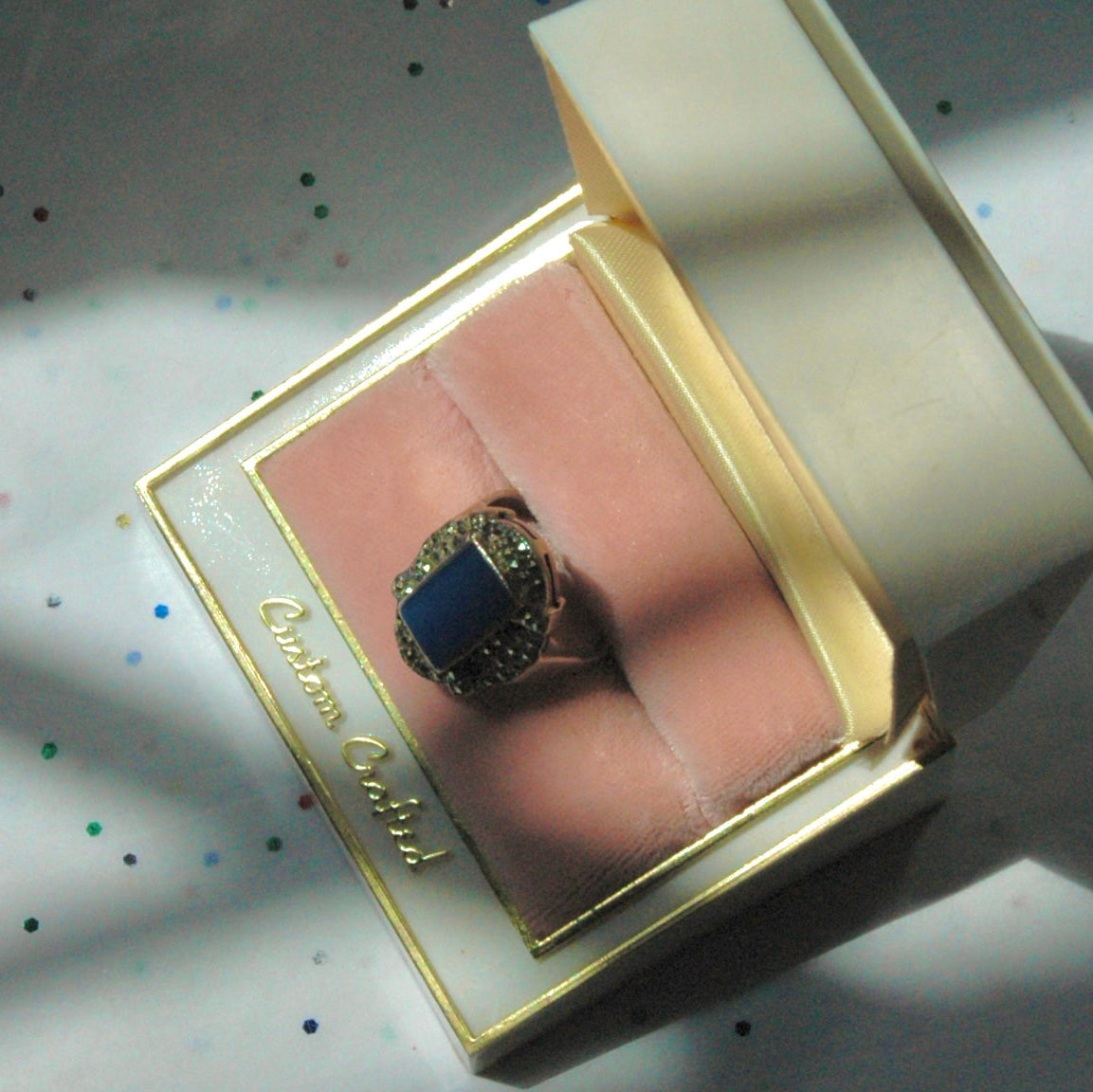 Vintage Sterling Silver Art Deco Ring with Blue Chalcedony and Marcasite