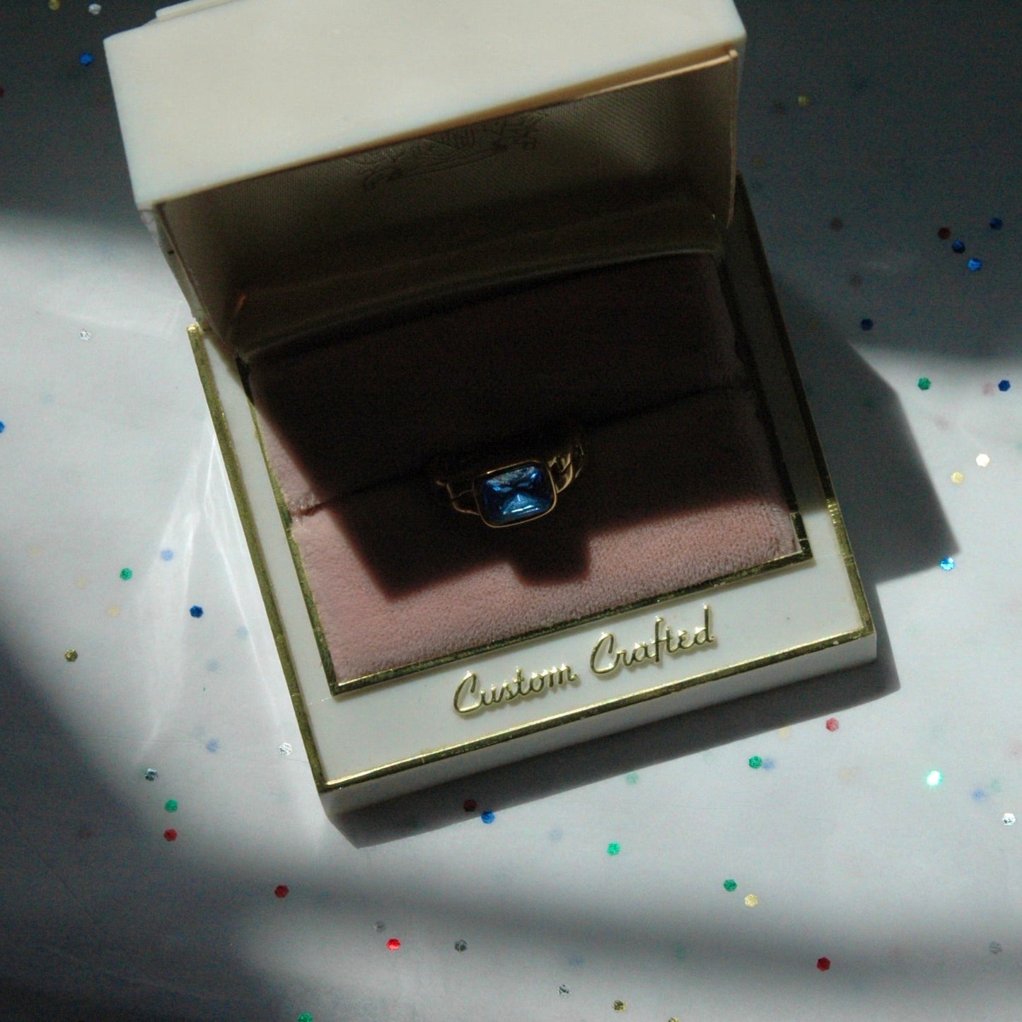 Square Blue Rhinestone Ring with Gold Chain Band