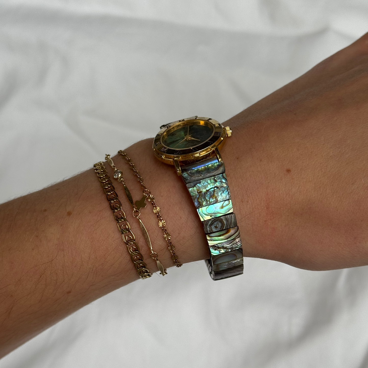 Vintage Abalone Shell Gold Stretch Band Watch