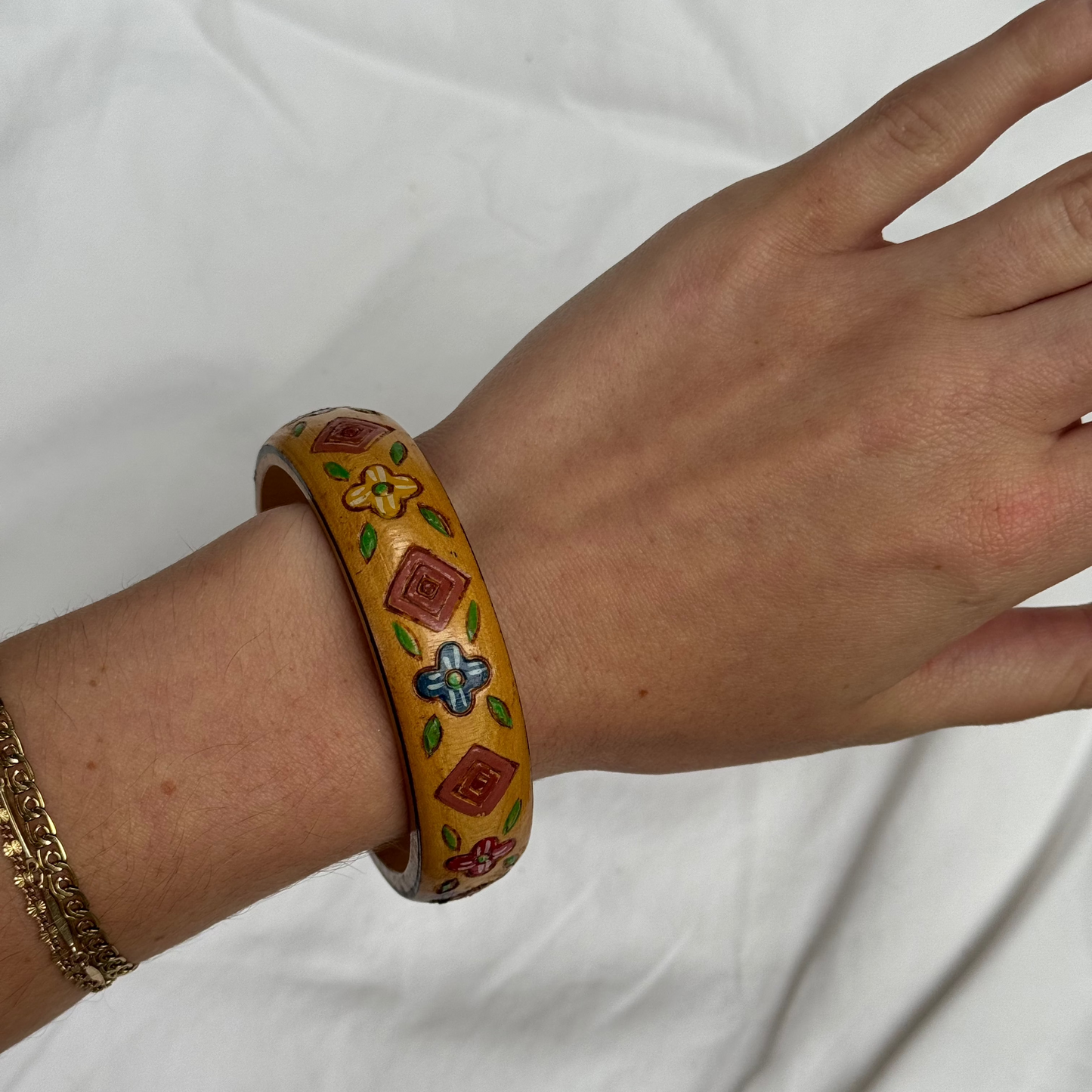 Vintage Boho Foral Hand Painted Wooden Bangle Bracelet