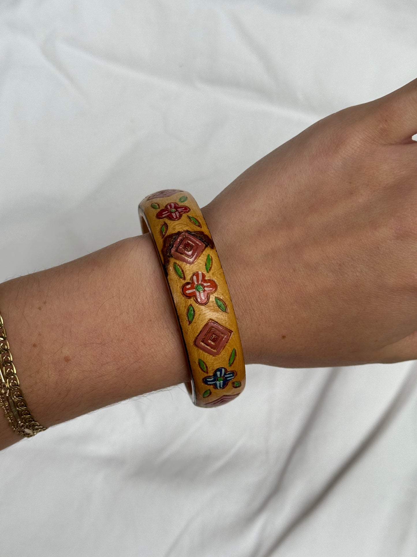Vintage Boho Foral Hand Painted Wooden Bangle Bracelet