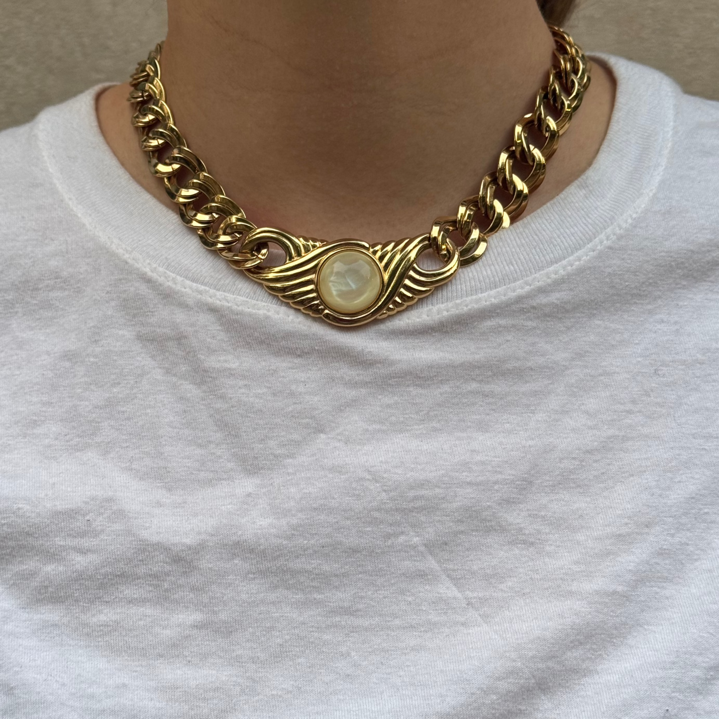 Vintage 1980s Monet Gold Tone Mother of Pearl Choker Necklace
