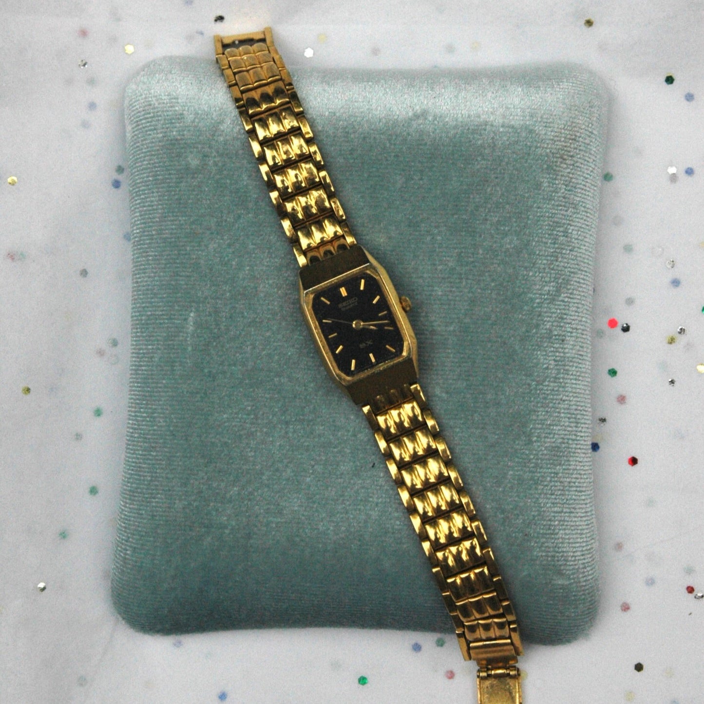 Vintage Gold Seiko Watch with Black Rectangular Face