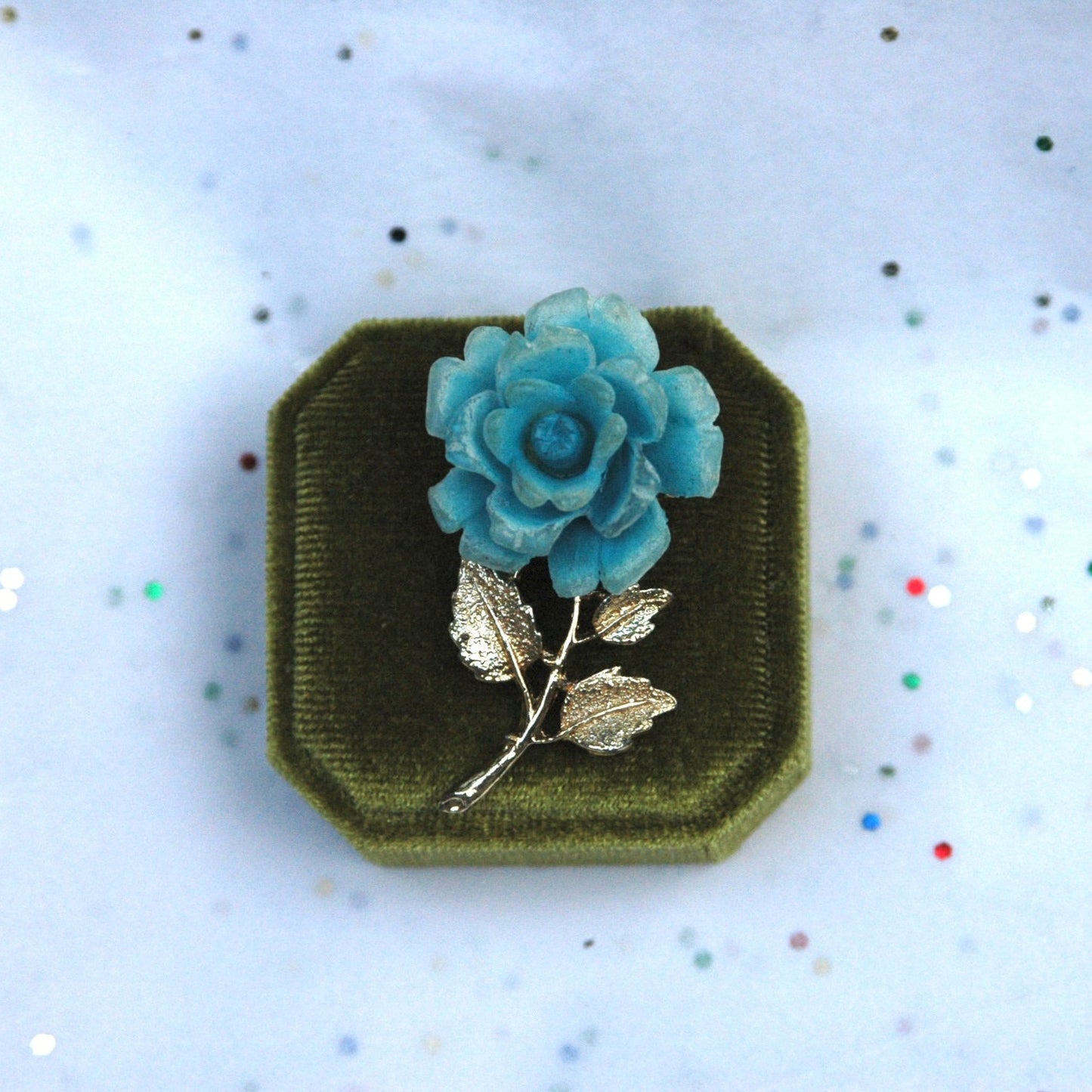 Vintage Gold Blue Rose Brooch