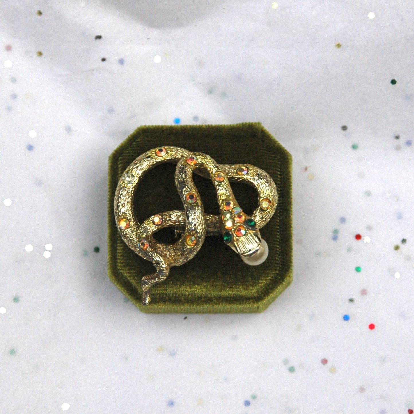 Vintage Gold Tone Avon Snake Rhinestone Pearl Brooch