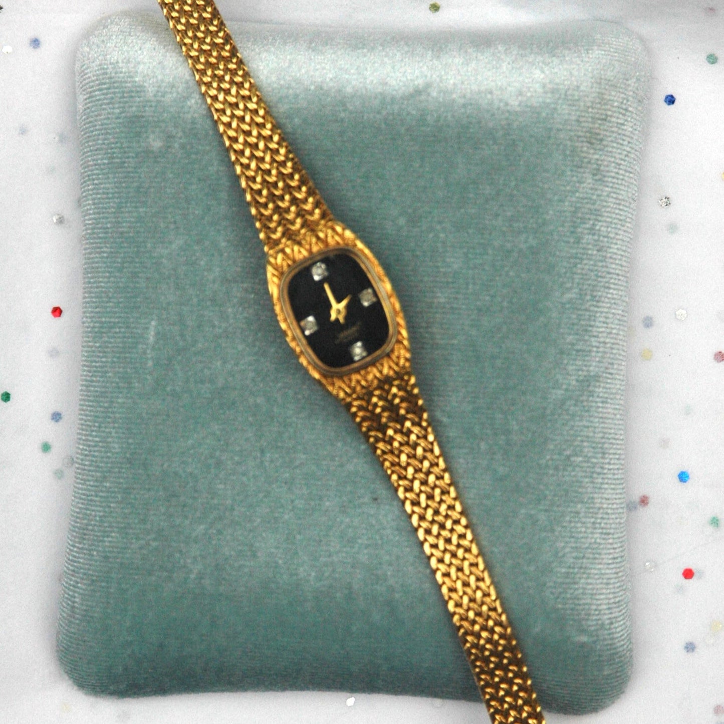 Vintage Gold Xavier Watch with Black Rectangular Face & Gemstones