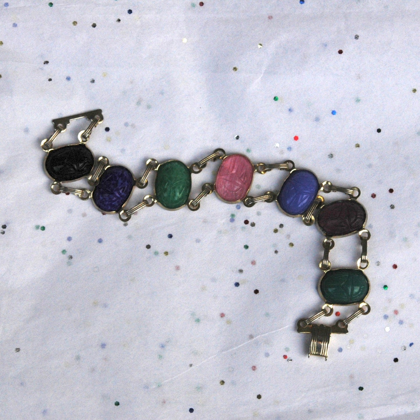 Vintage Gold Tone Multicolored Scarab Stone Bracelet